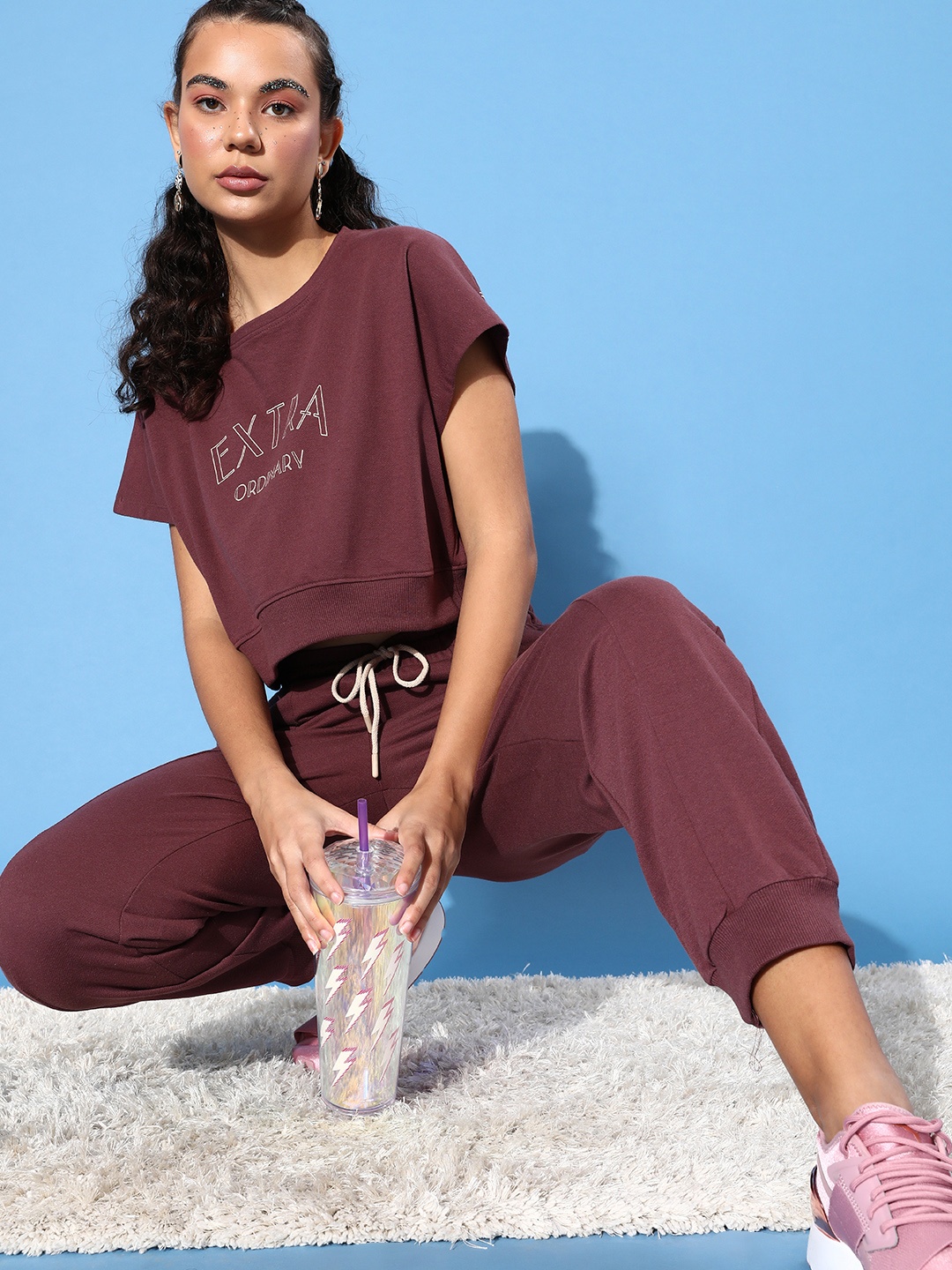 

Roadster Women Deep Burgundy Printed T-Shirt with Joggers
