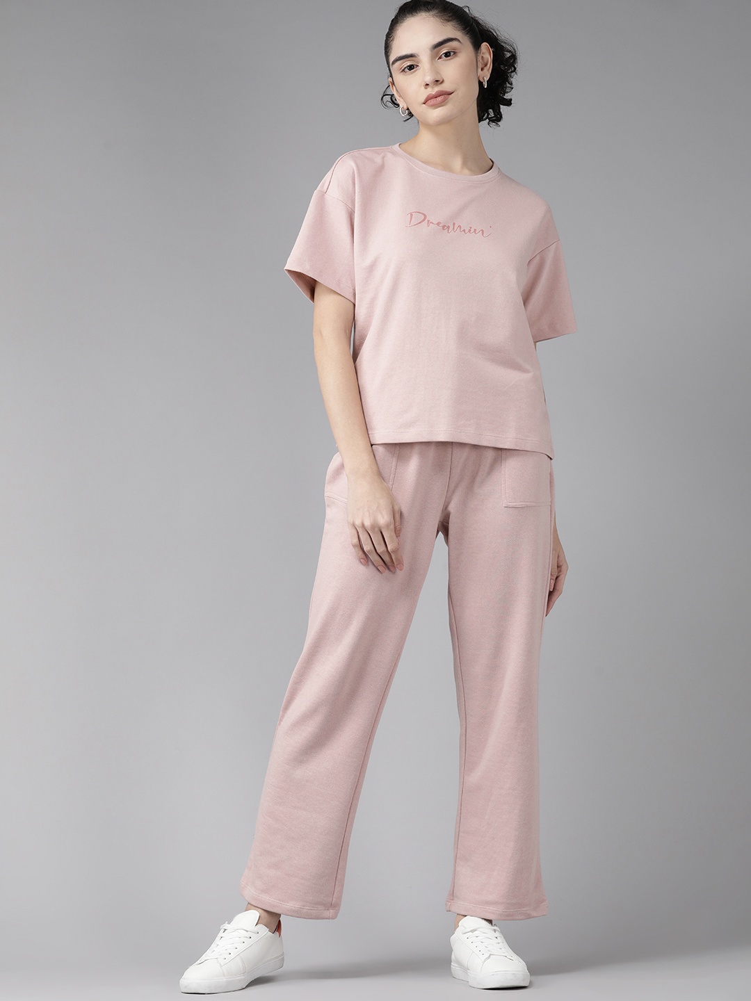 

Roadster Women Pink Drop-shoulder Sleeves T-shirt with Trackpants