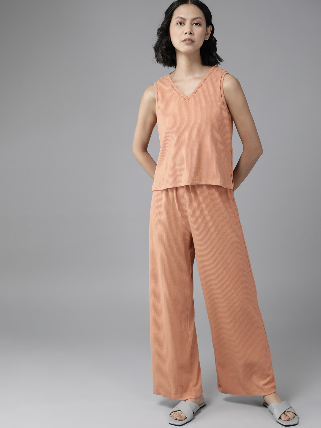 

The Roadster Lifestyle Co. Women Coral Orange Ribbed Relaxed Fit Co-Ords