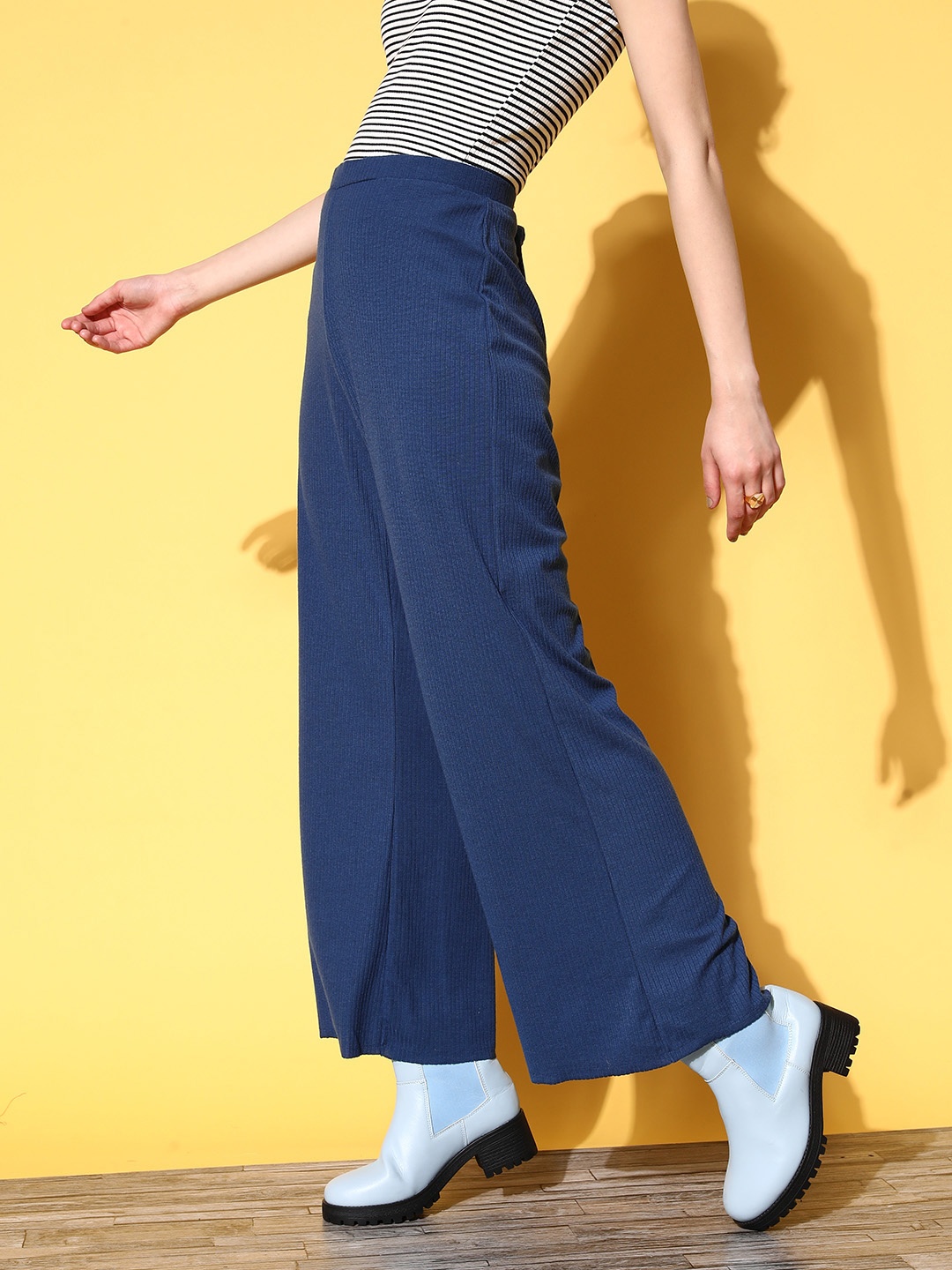 

The Roadster Lifestyle Co. Women Navy Blue Ribbed Relaxed Fit Wide Leg Track Pants