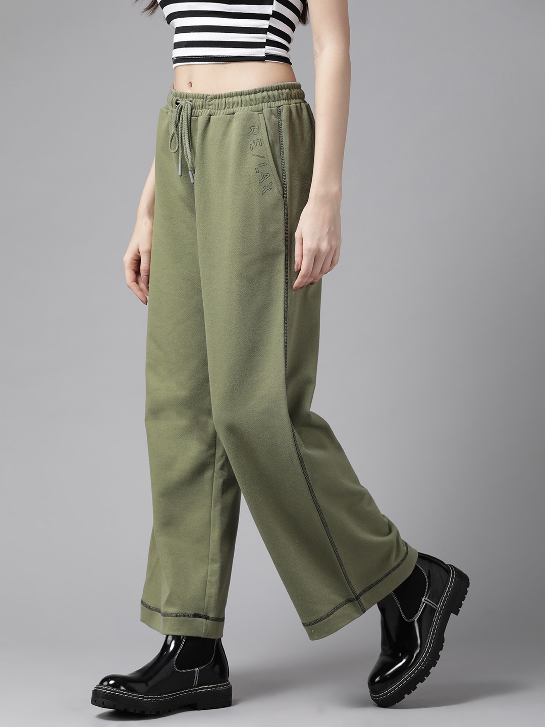 

Roadster Women Olive Green Wide Leg Trackpants