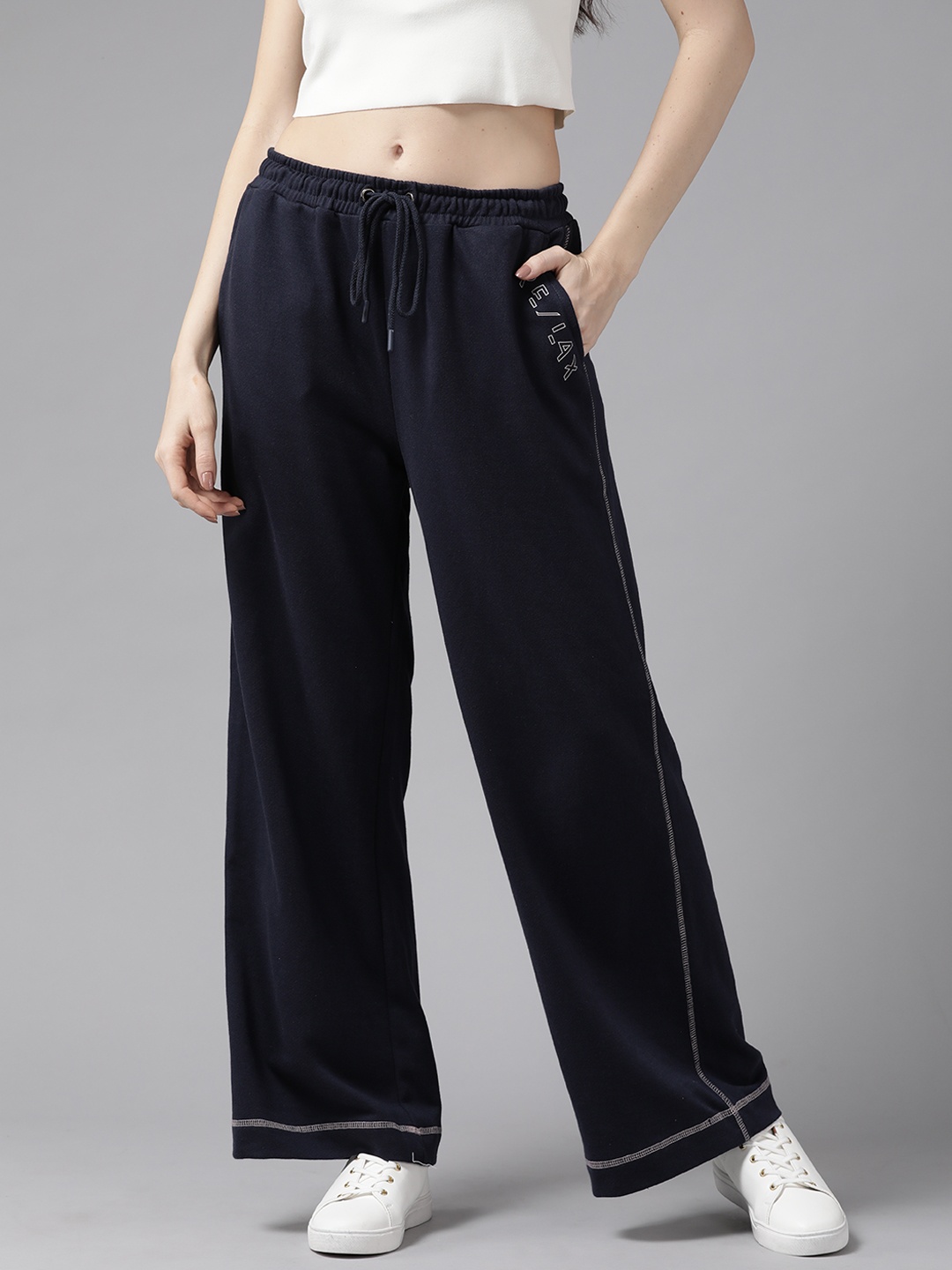 

Roadster Women Navy Blue Wide Leg Solid Track Pants
