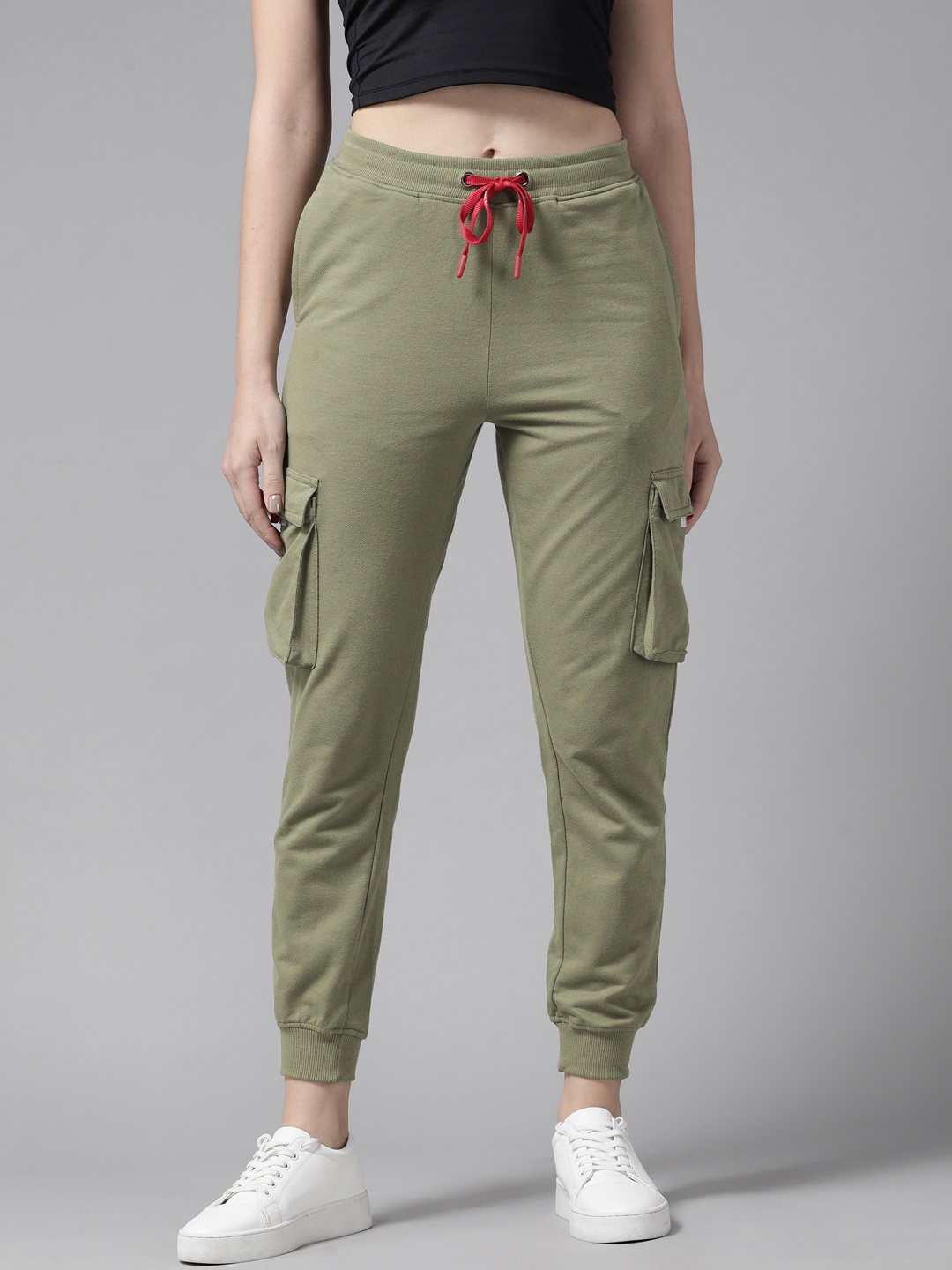 

Roadster Women Olive Green Solid High-Rise Slim Fit Joggers