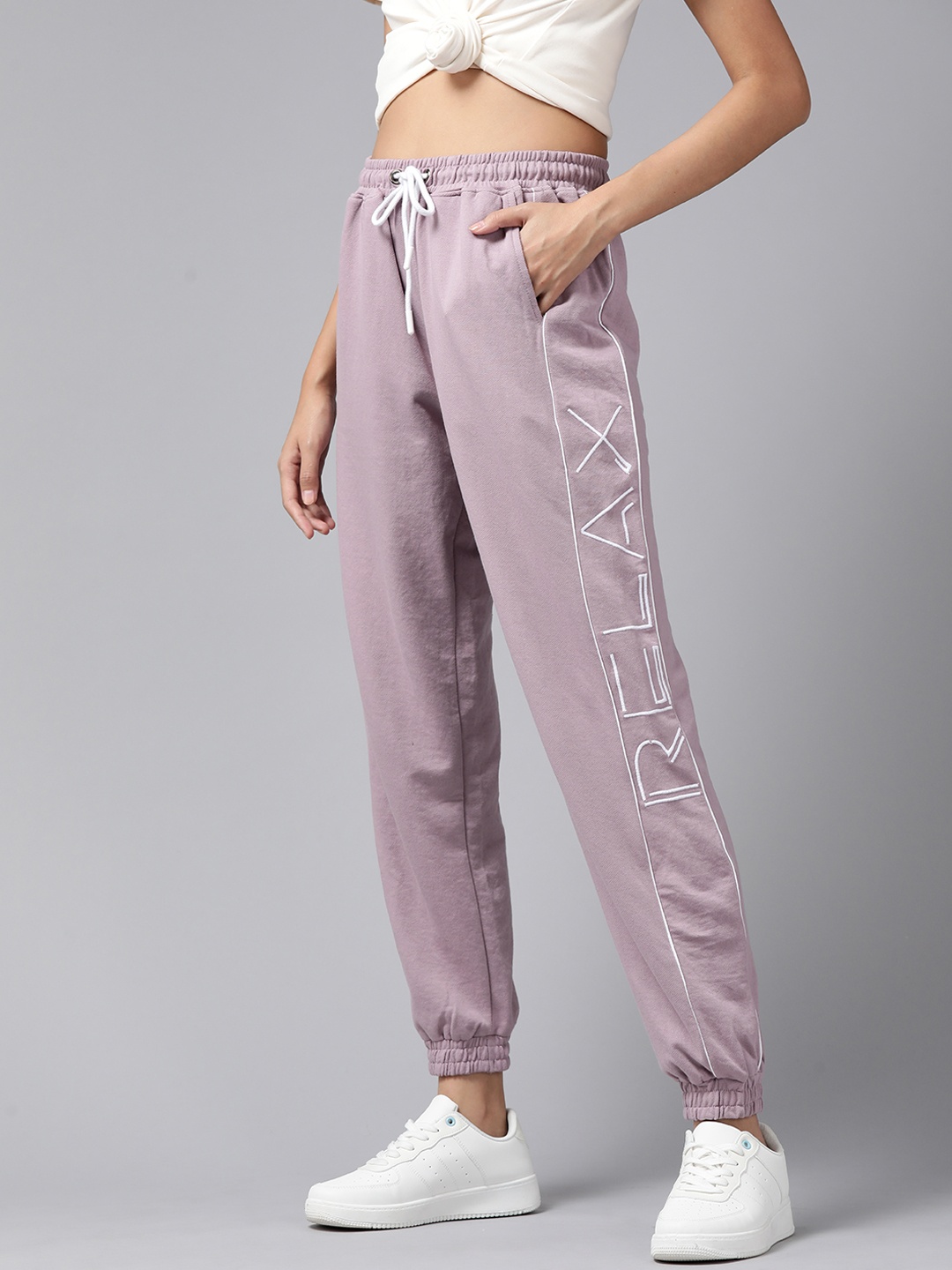 

The Roadster Lifestyle Co. Lavender Embroidered Relaxed Fit Joggers