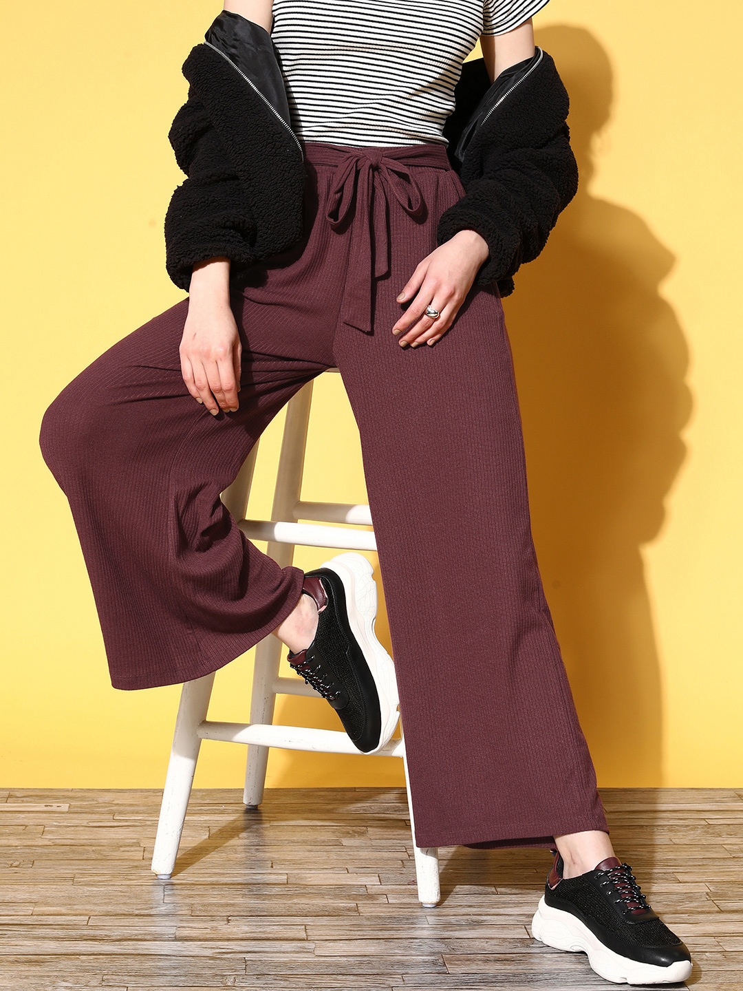 

The Roadster Lifestyle Co. Women Burgundy Ribbed Wide Leg Belted Track Pants