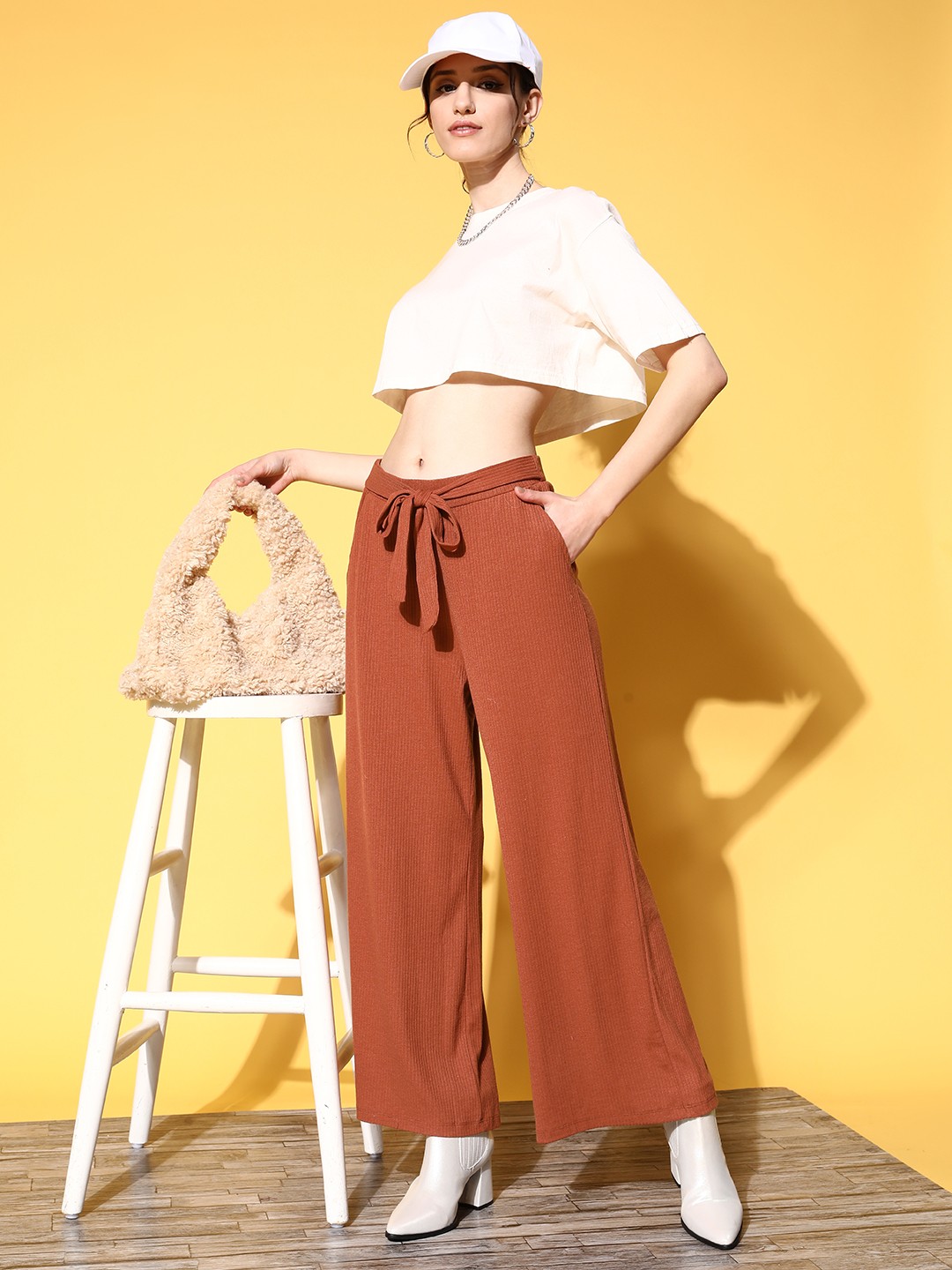 

The Roadster Lifestyle Co. Women Rust Orange Ribbed Wide Leg Belted Track Pants