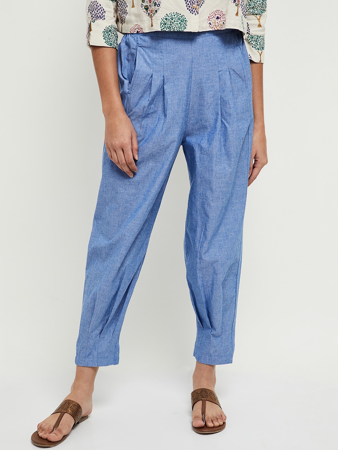 

max Women Blue Self Design Pleated Cotton Trousers