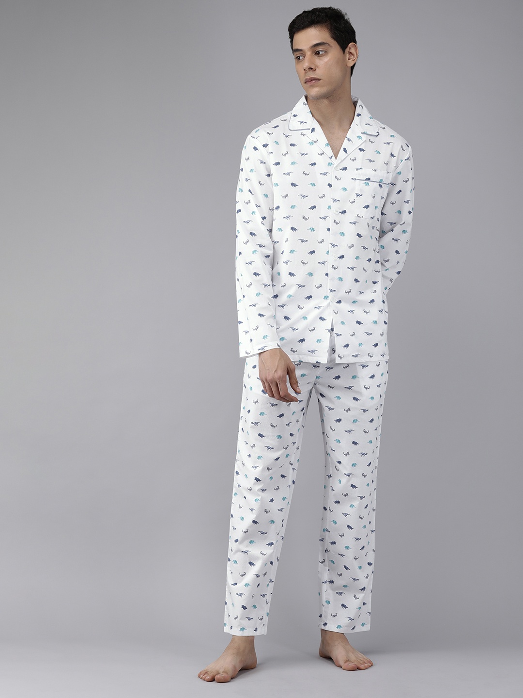 

THE BEAR HOUSE Men White & Blue Pure Cotton Conversational Printed Pyjama Set