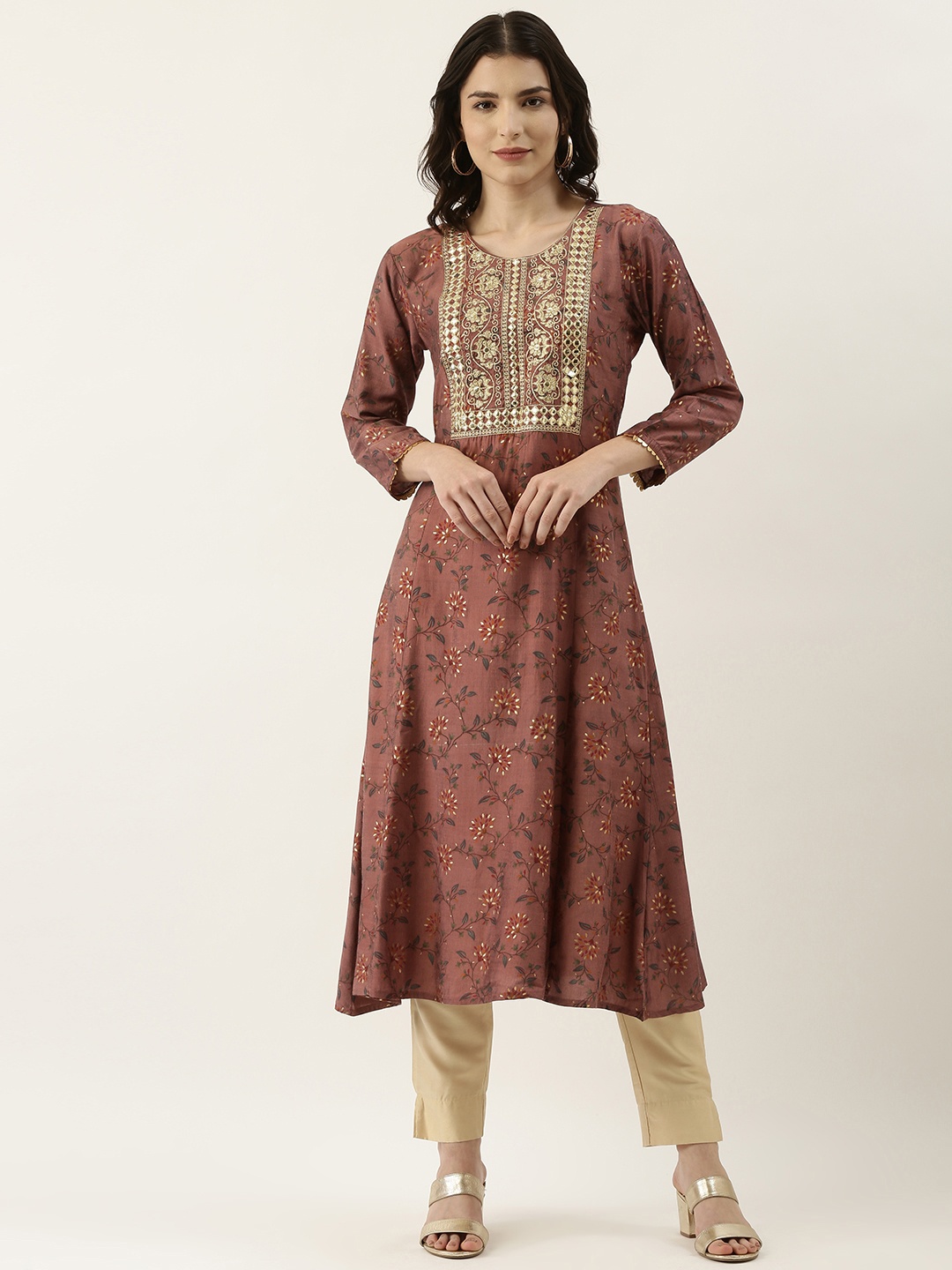 

SWAGG INDIA Women Dusty Pink & Red Embroidered Gotta Patti Detail Kurta, Rose