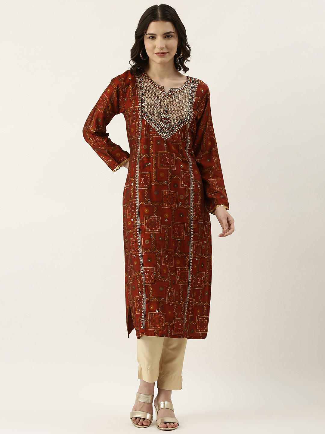 

SWAGG INDIA Women Red & Mustard Yellow Embroidered Gotta Patti Detail Kurta