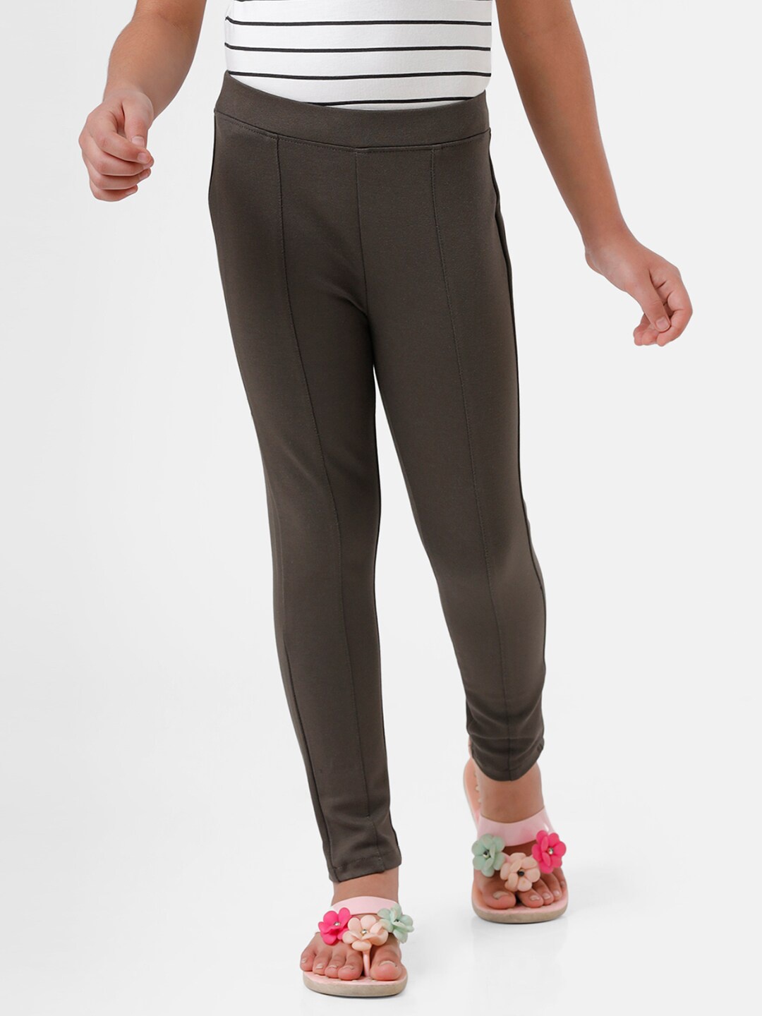 

De Moza Girls Green Solid Skinny-Fit Teggings, Olive