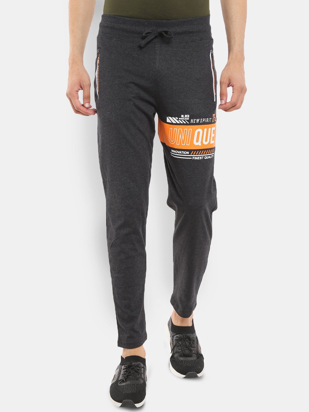

V-Mart Men Cotton Track Pants With Printed Detail, Charcoal