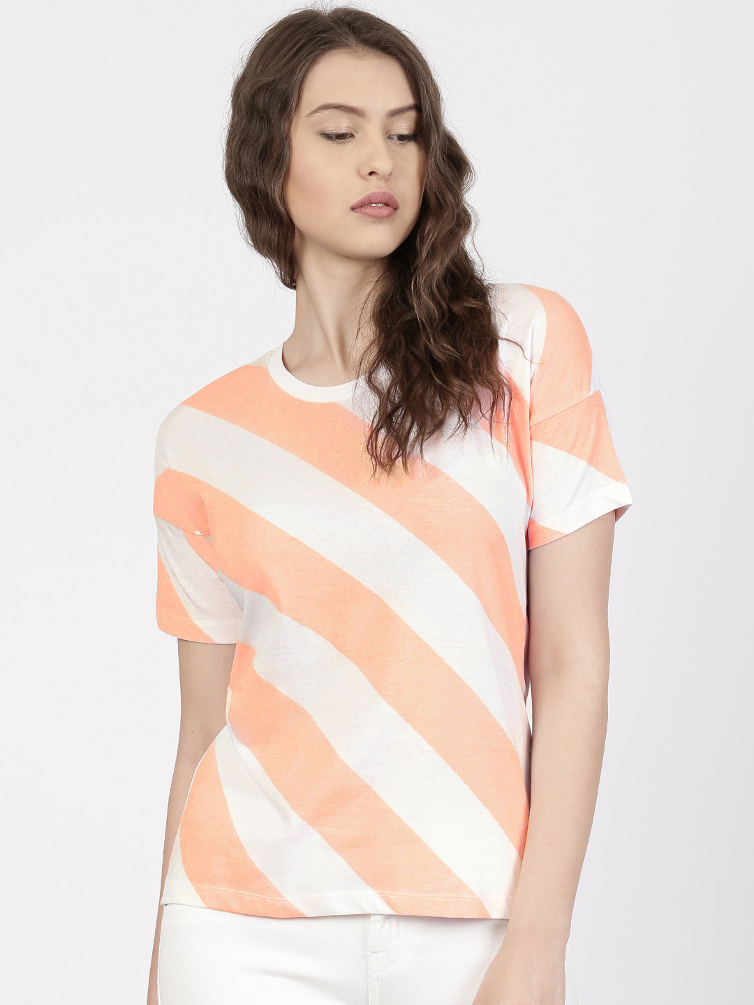 

ether Women Pink White Diagonal Striped Round Neck Drop Shoulder Pure Cotton T-shirt