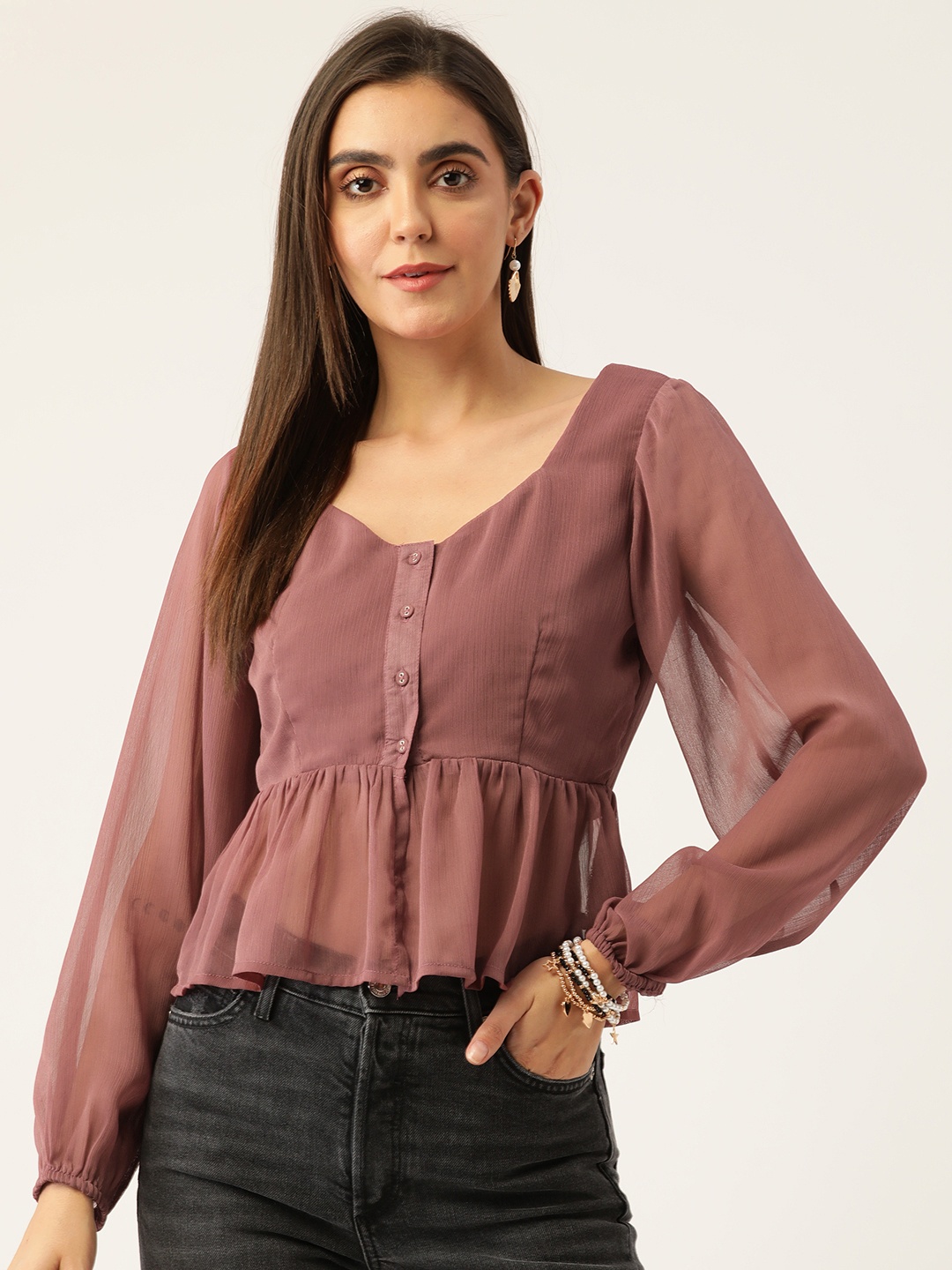 

Rue Collection Mauve Solid Semi Sheer Peplum Top