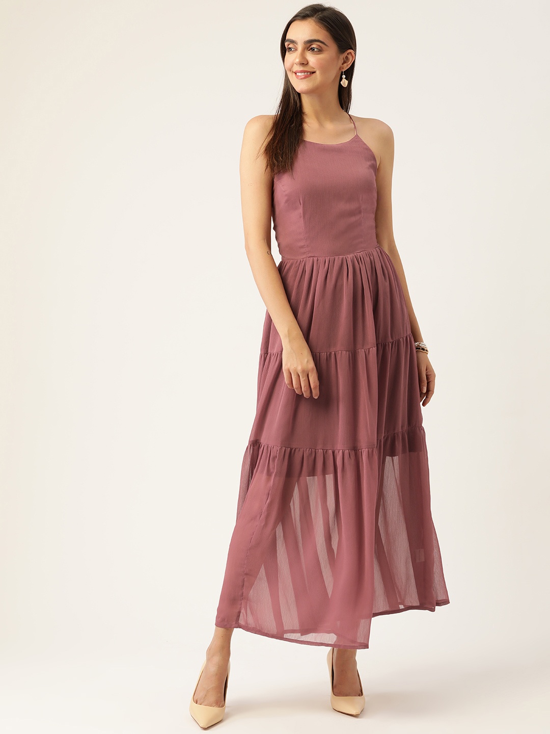 

Rue Collection Dusty Pink Halter Neck Semi Sheer Maxi Dress, Rose