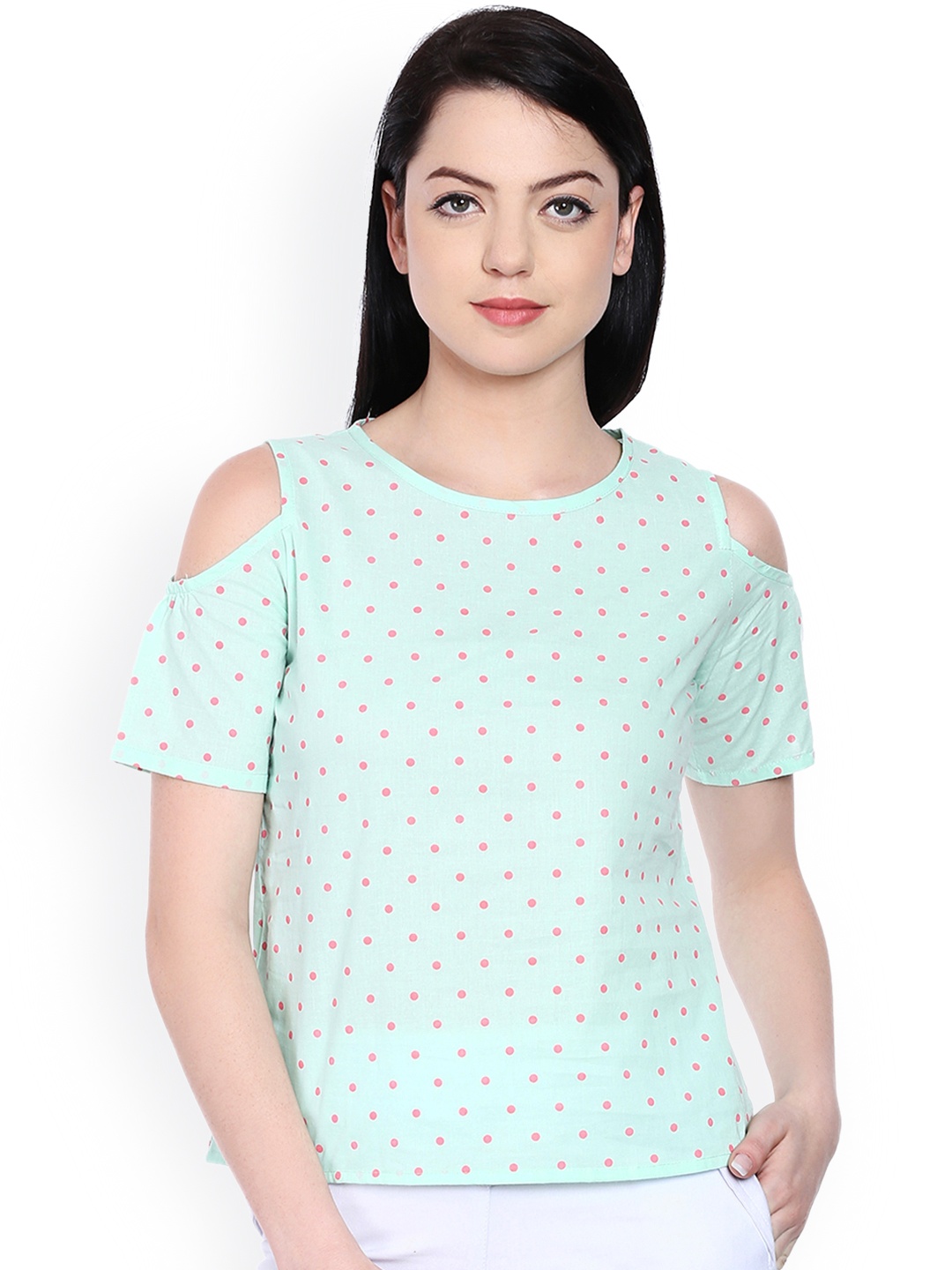 

Style Quotient Sea Green Polka Dot Print Cold Shoulder Pure Cotton Top