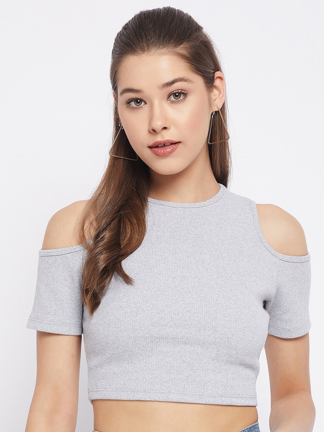 

LE BOURGEOIS Women Grey Solid Crop Top