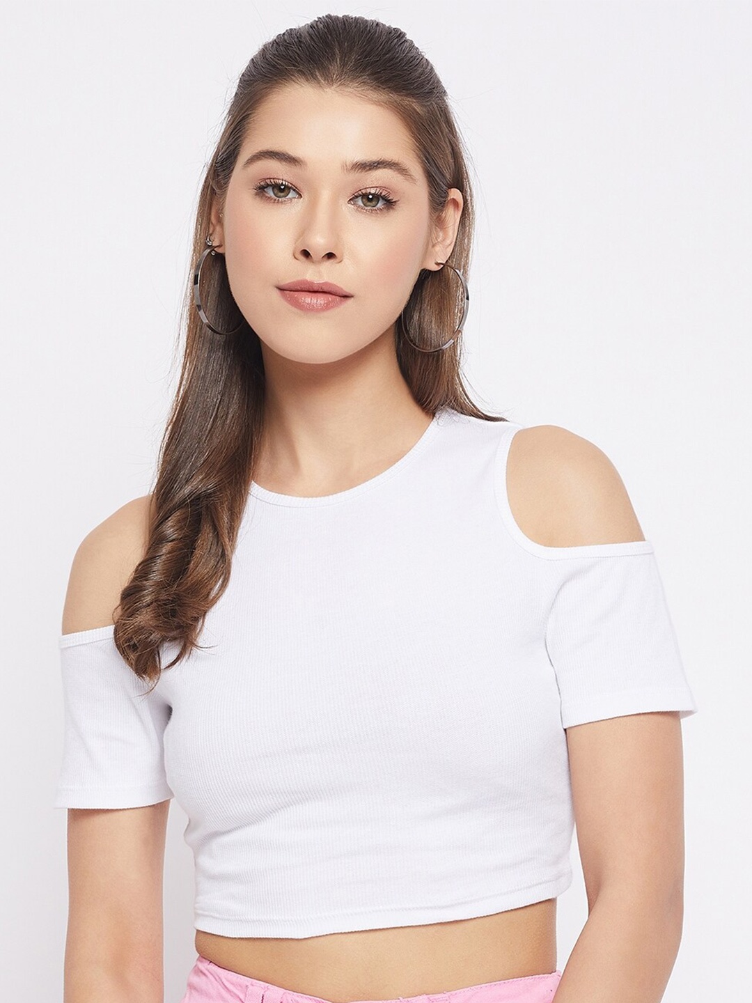 

LE BOURGEOIS White Slim Fit Cold Shoulder Crop Top