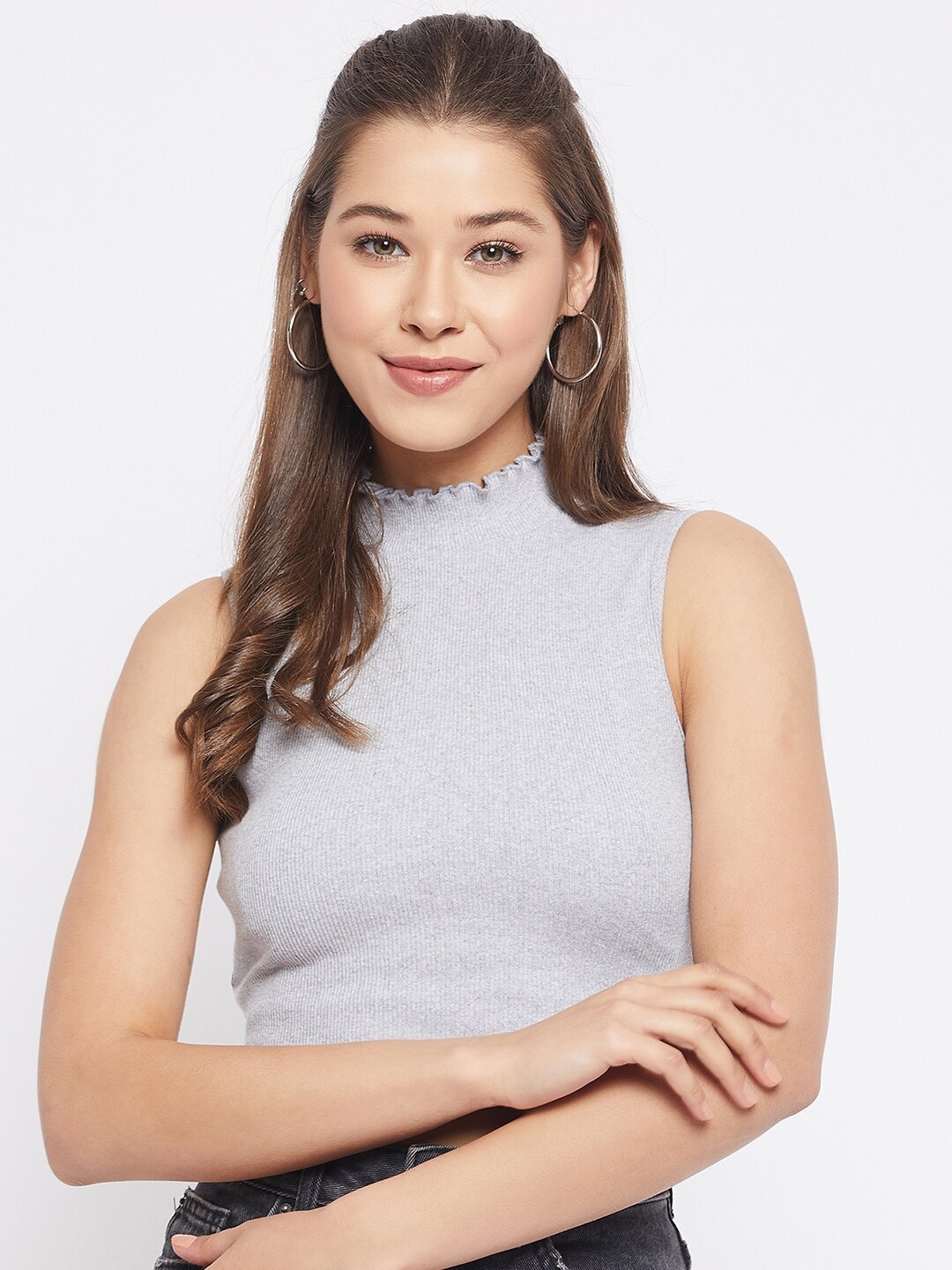 

LE BOURGEOIS Grey Slim Fit Casual Crop Top