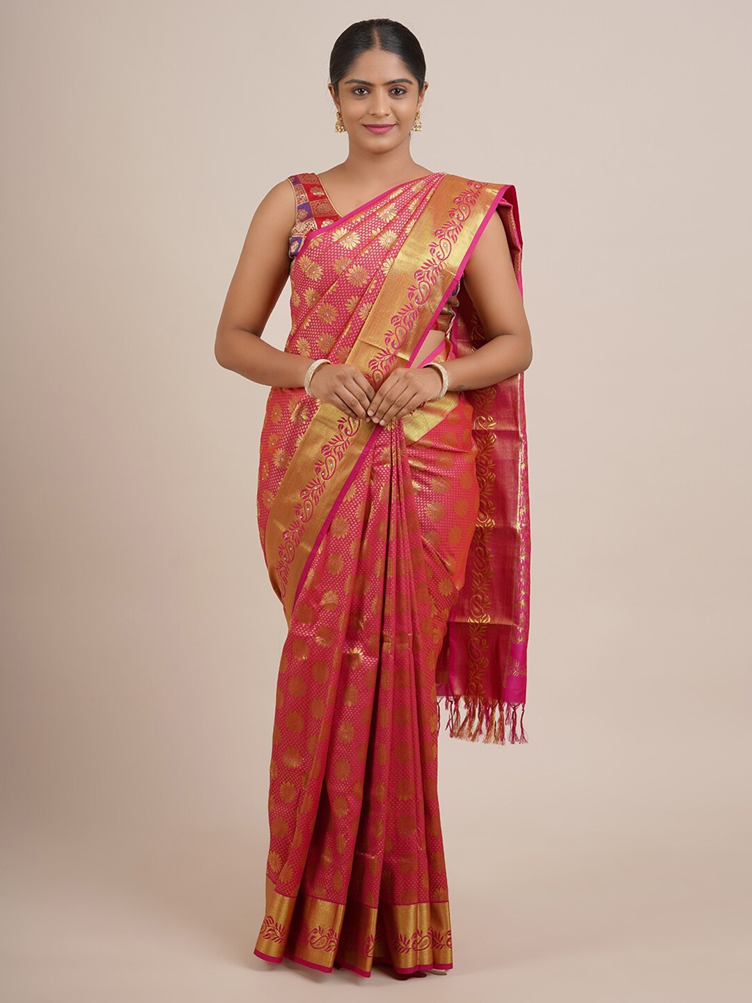 

Pothys Pink & Gold-Toned Ethnic Motifs Beads and Stones Art Silk Saree