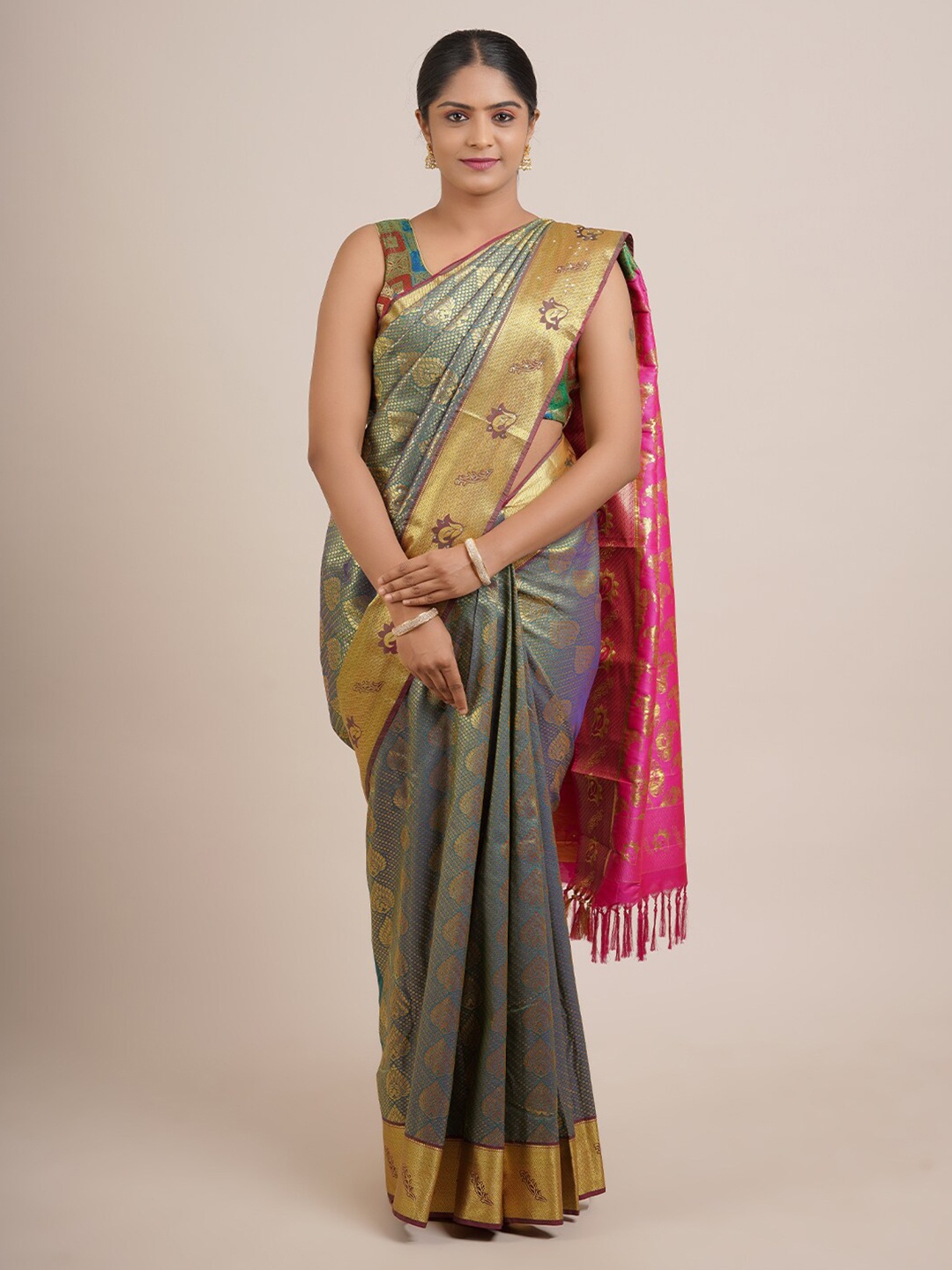 

Pothys Blue & Fuchsia Woven Design Beads and Stones Art Silk Saree