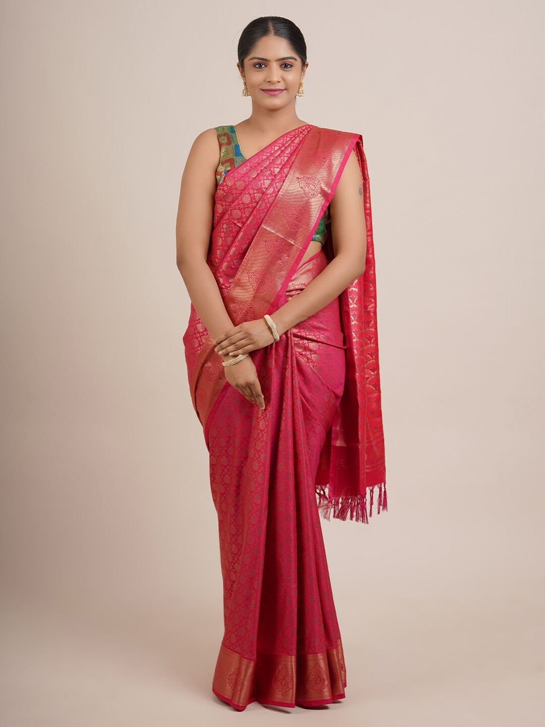 

Pothys Pink & Gold-Toned Paisley Zari Art Silk Saree