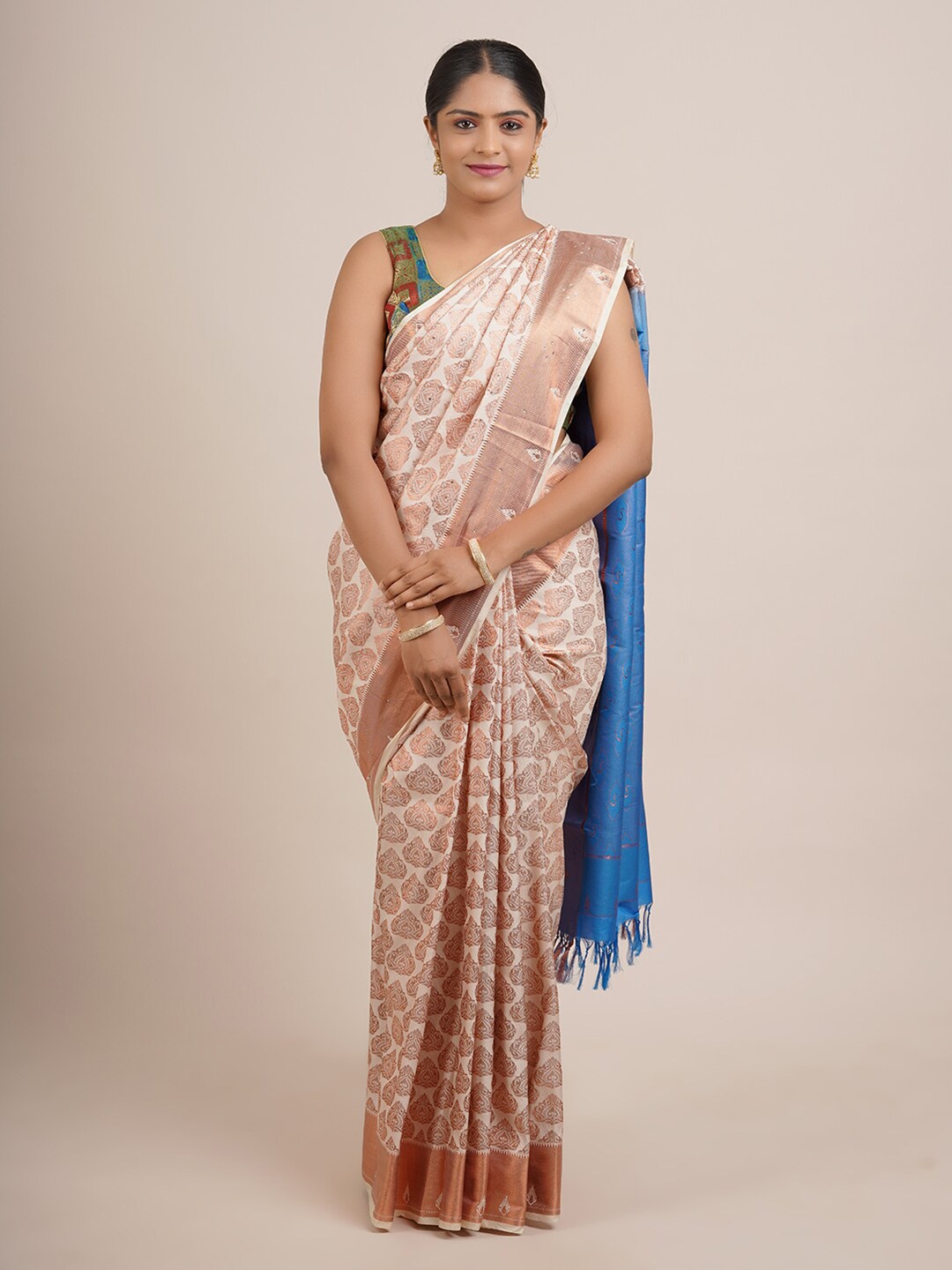 

Pothys Beige & Blue Ethnic Motifs Zari Art Silk Saree
