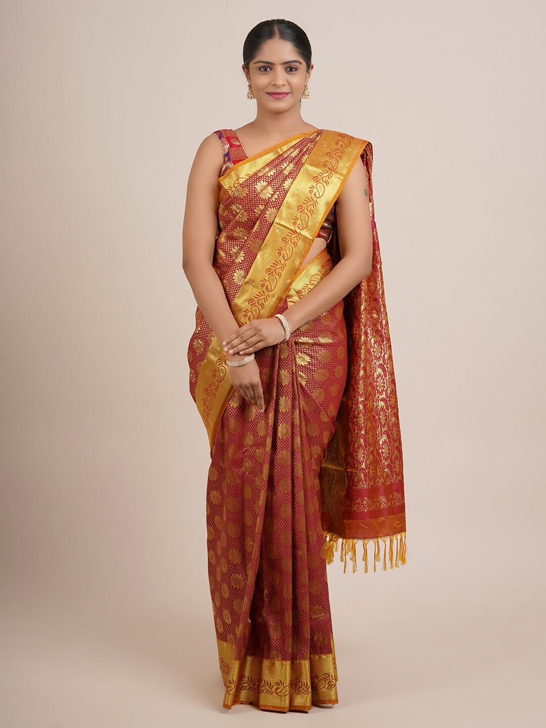 

Pothys Maroon & Gold-Toned Floral Zari Art Silk Saree