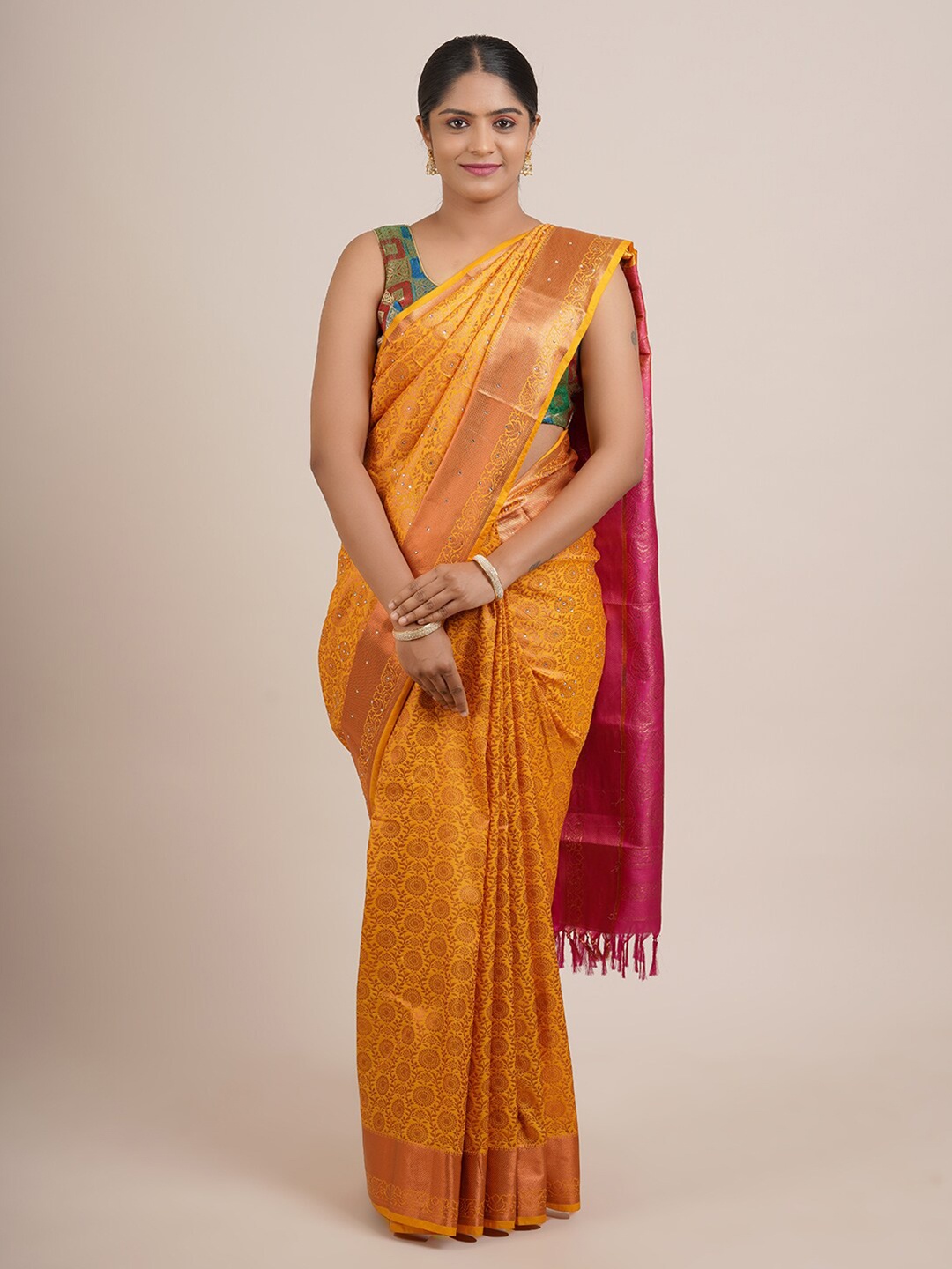 

Pothys Yellow & Pink Ethnic Motifs Zari Art Silk Saree