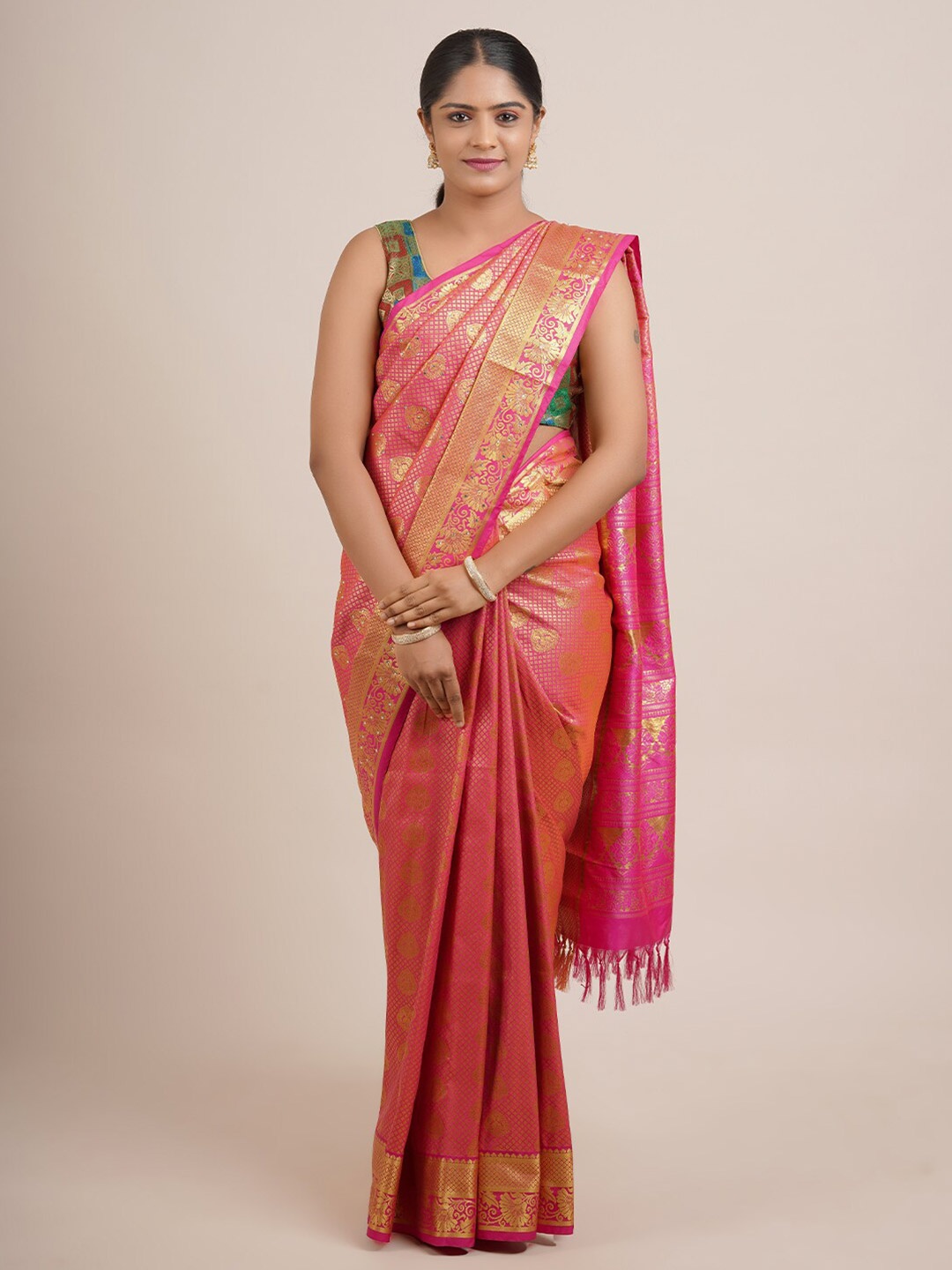 

Pothys Pink & Gold-Toned Floral Zari Art Silk Saree