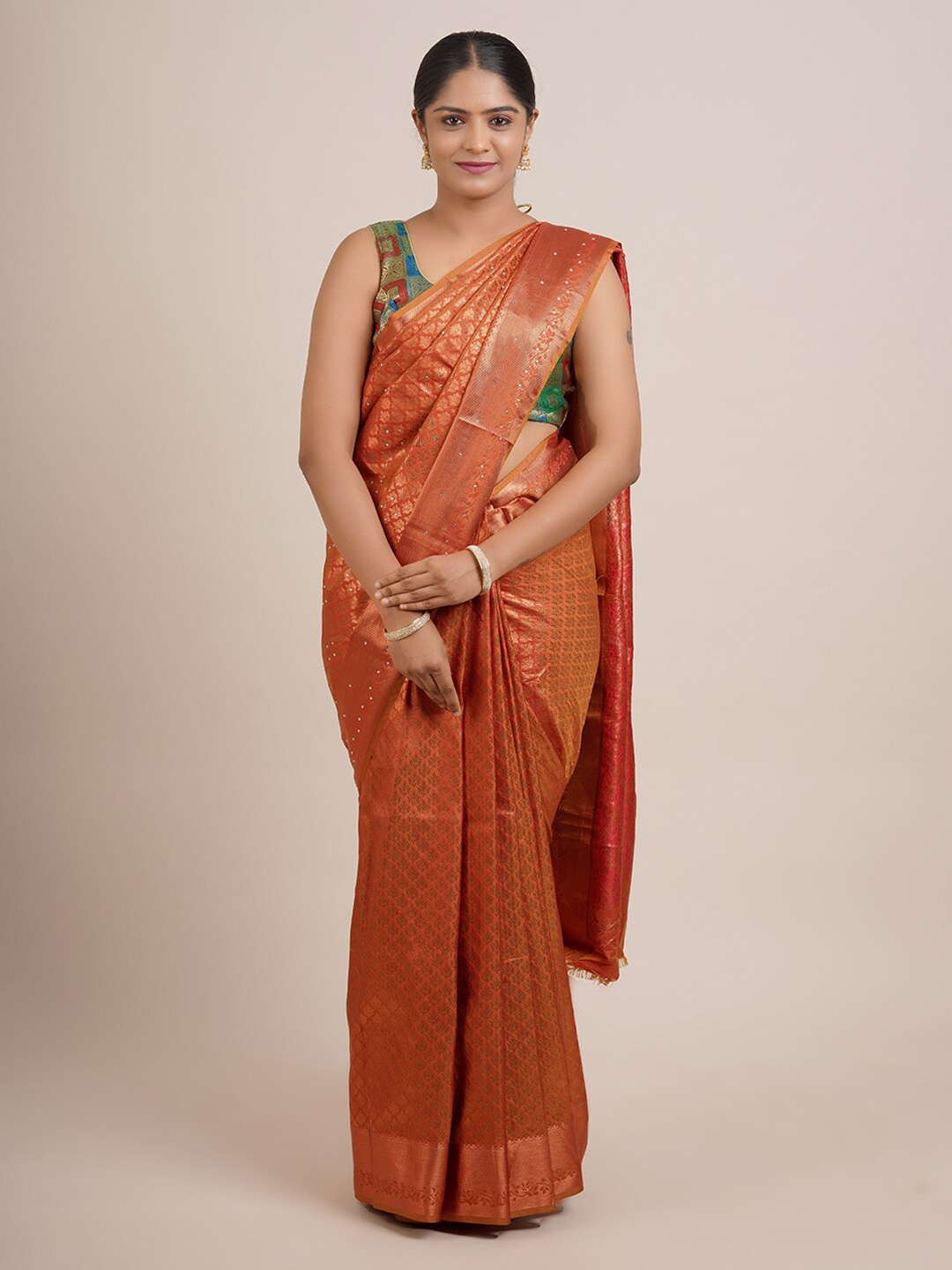 

Pothys Rust & Gold-Toned Woven Design Beads and Stones Art Silk Saree