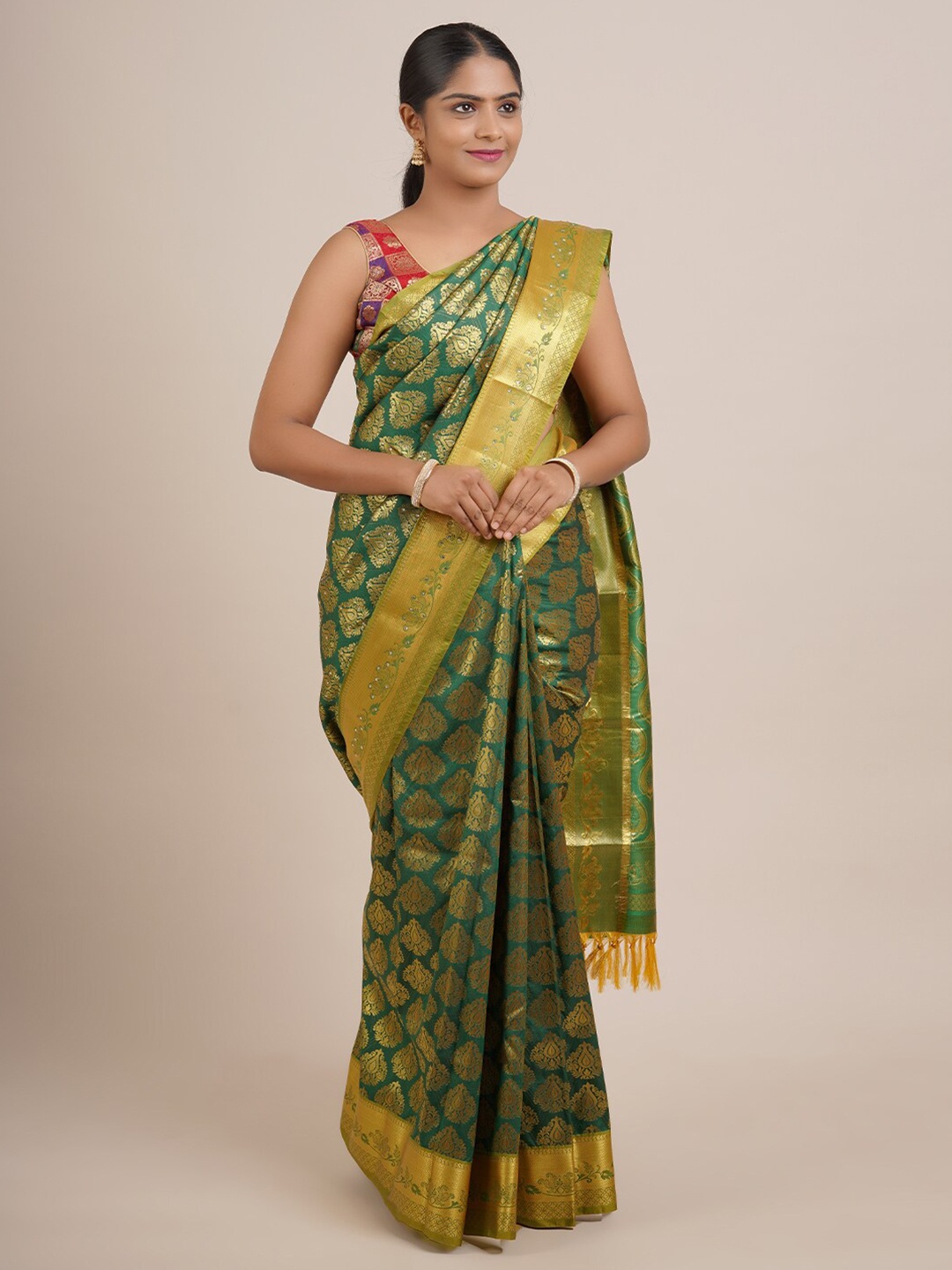 

Pothys Green & Gold-Toned Ethnic Motifs Beads and Stones Art Silk Saree