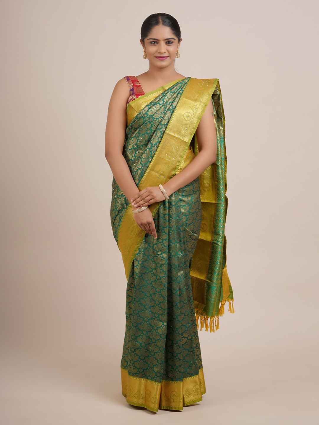 

Pothys Green & Gold-Toned Woven Design Zari Art Silk Saree
