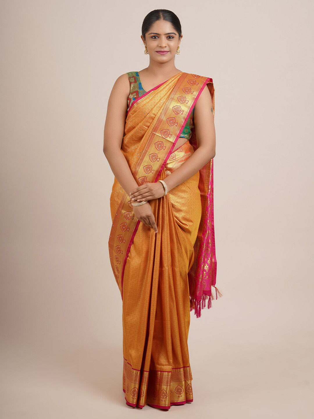 

Pothys Yellow & Pink Ethnic Motifs Zari Art Silk Saree