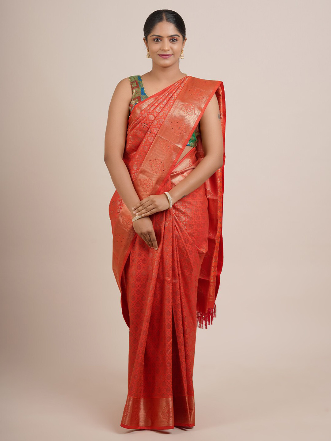 

Pothys Red & Gold-Toned Ethnic Motifs Zari Art Silk Saree