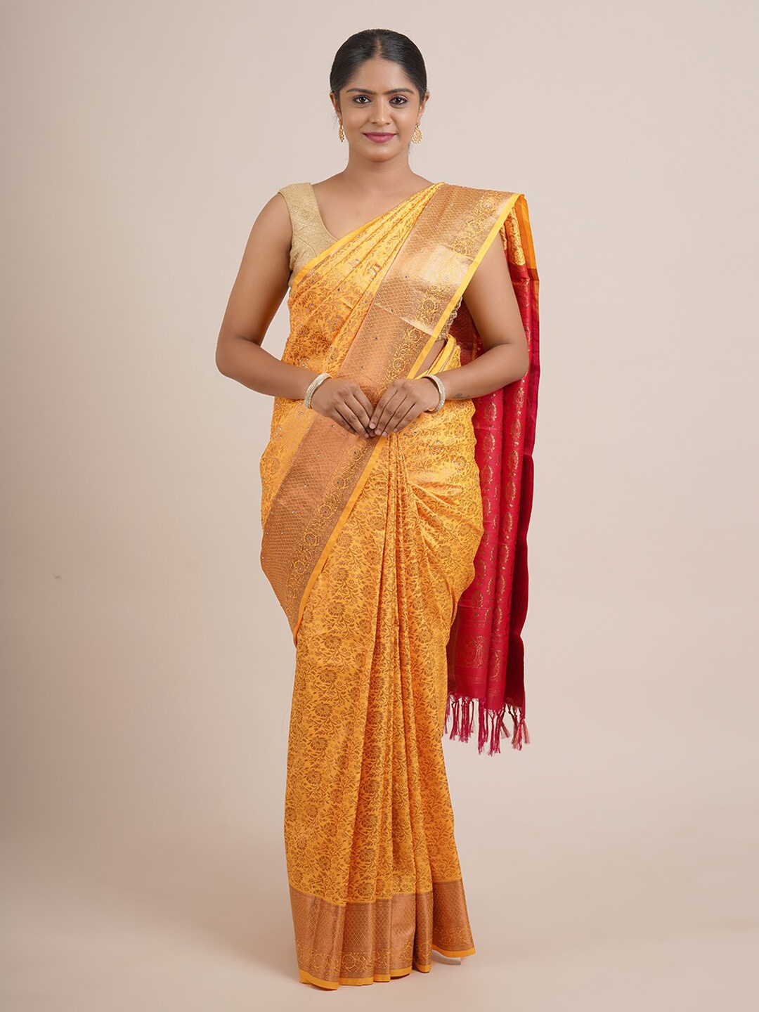 

Pothys Yellow & Gold-Toned Woven Design Zari Art Silk Saree