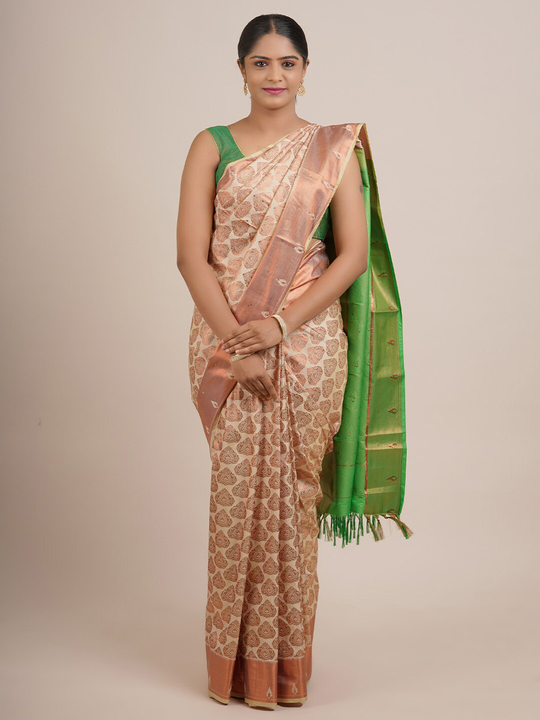 

Pothys Cream-Coloured & Green Woven Design Beads and Stones Art Silk Saree
