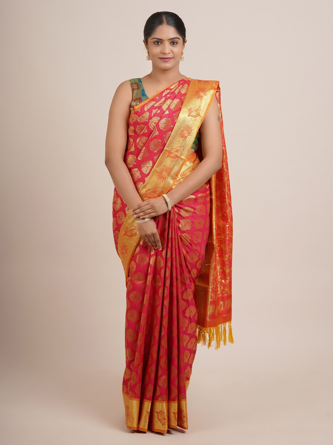 

Pothys Red & Gold-Toned Ethnic Motifs Beads and Stones Art Silk Saree