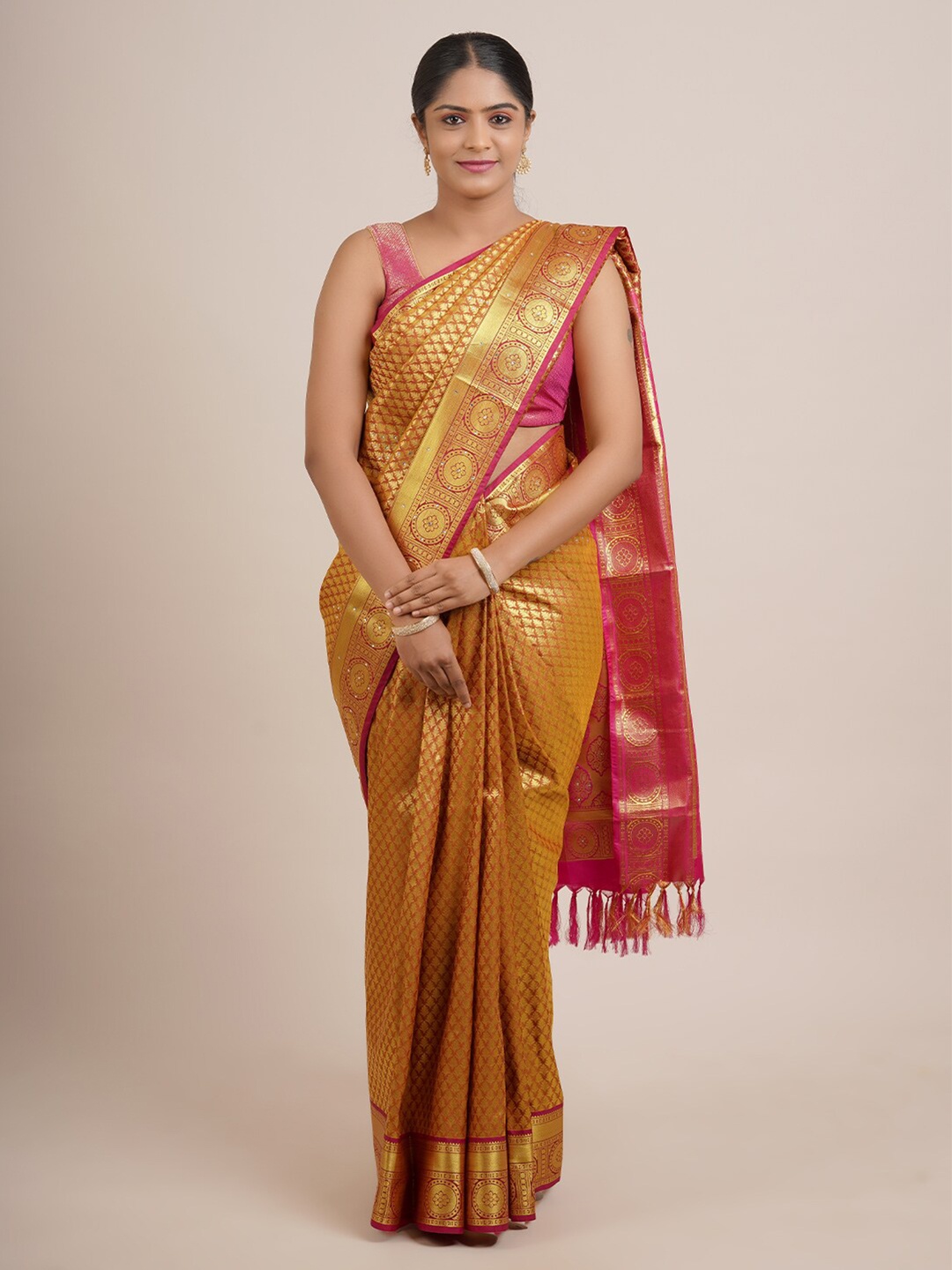 

Pothys Gold-Toned & Pink Ethnic Motifs Zari Art Silk Saree