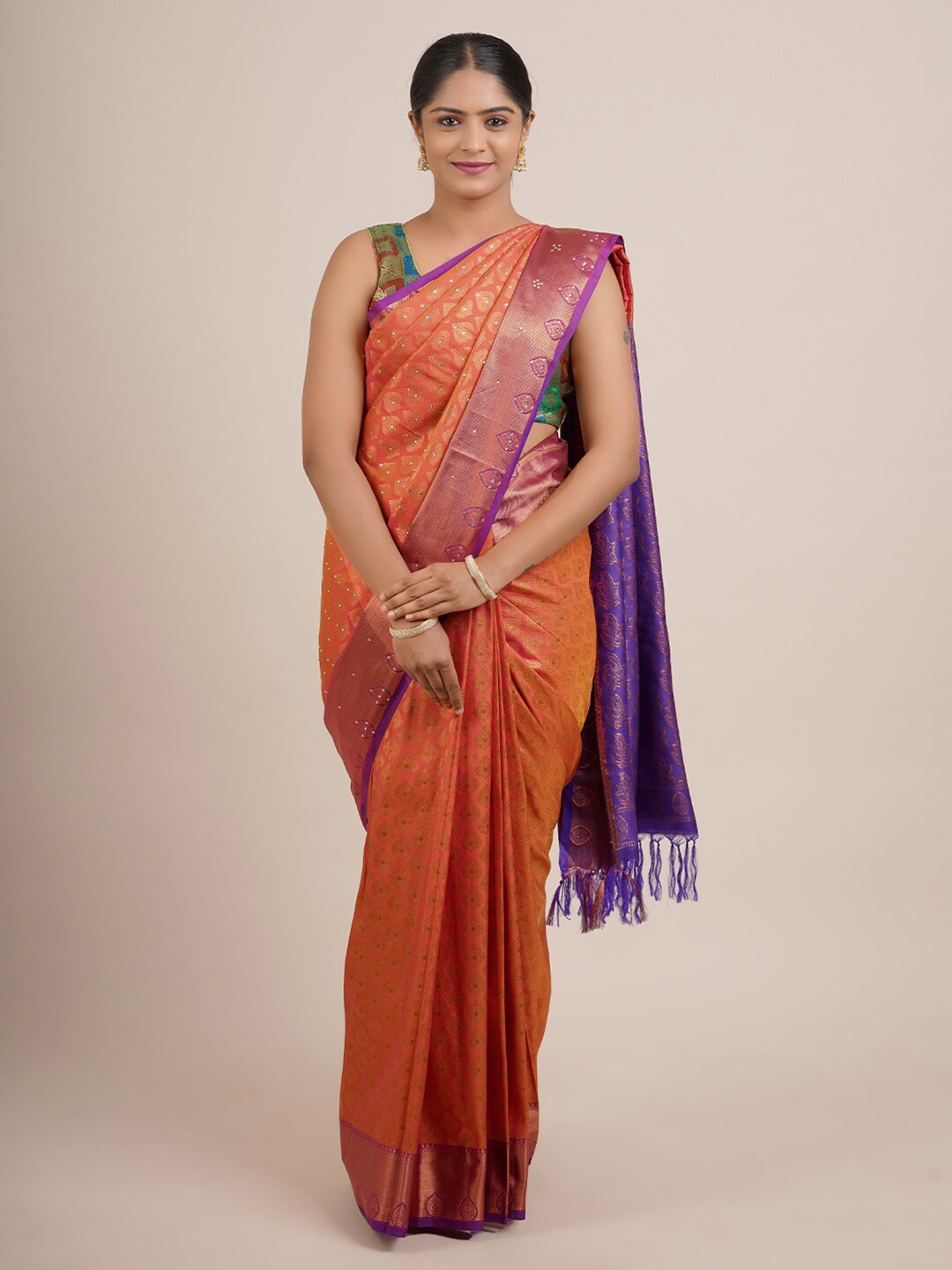 

Pothys Orange & Gold-Toned Woven Design Zari Art Silk Saree