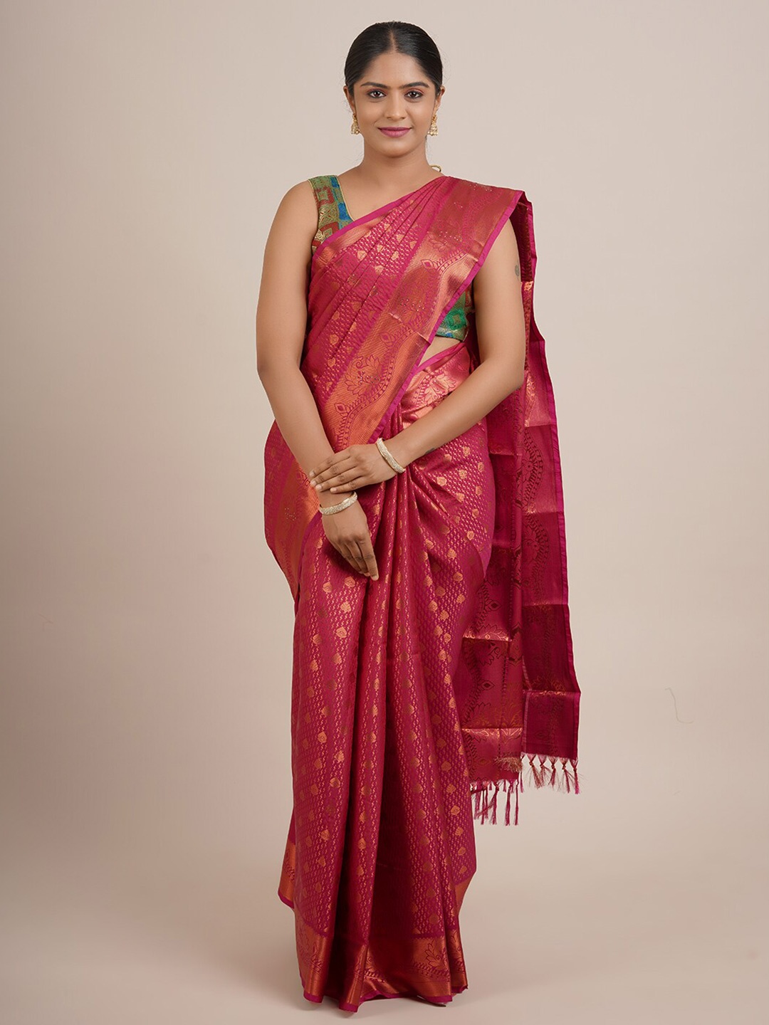 

Pothys Pink & Gold-Toned Woven Design Zari Art Silk Saree