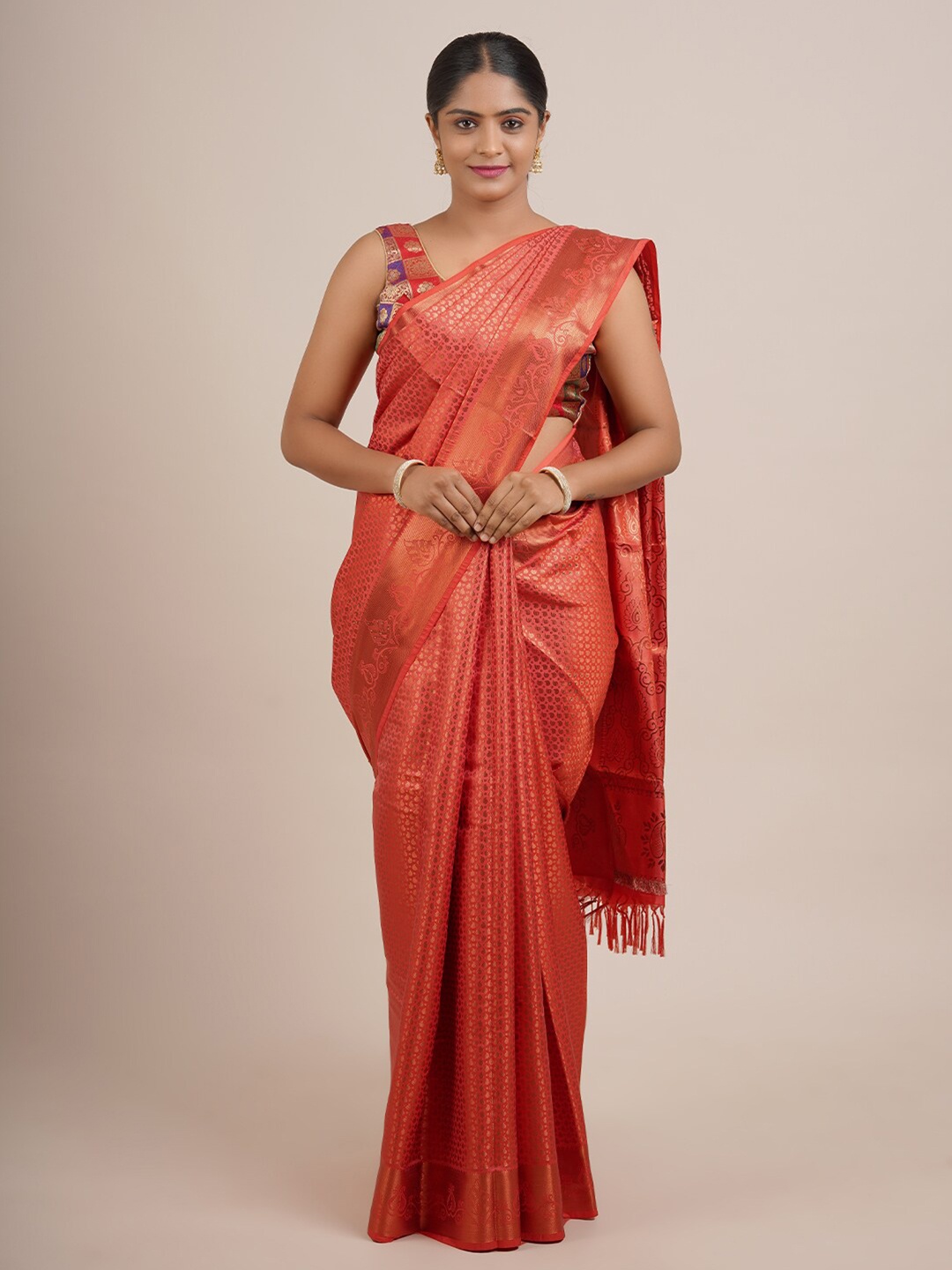 

Pothys Pink & Gold-Toned Ethnic Motifs Art Silk Saree
