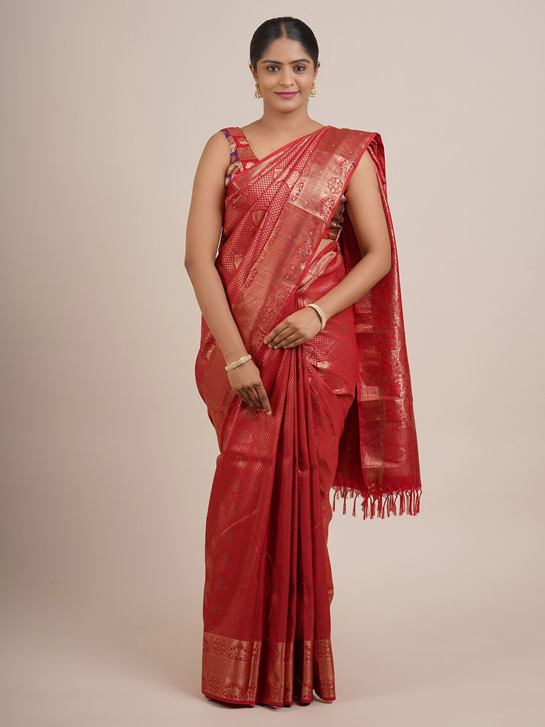 

Pothys Red & Golden Ethnic Motifs Beads and Stones Art Silk Saree
