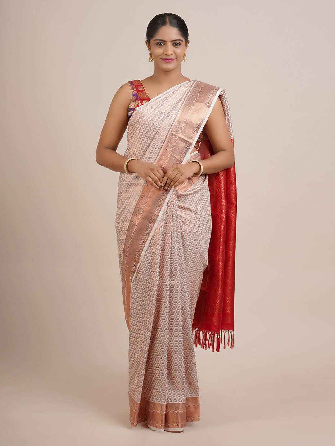 

Pothys Beige & Red Ethnic Motifs Zari Art Silk Saree