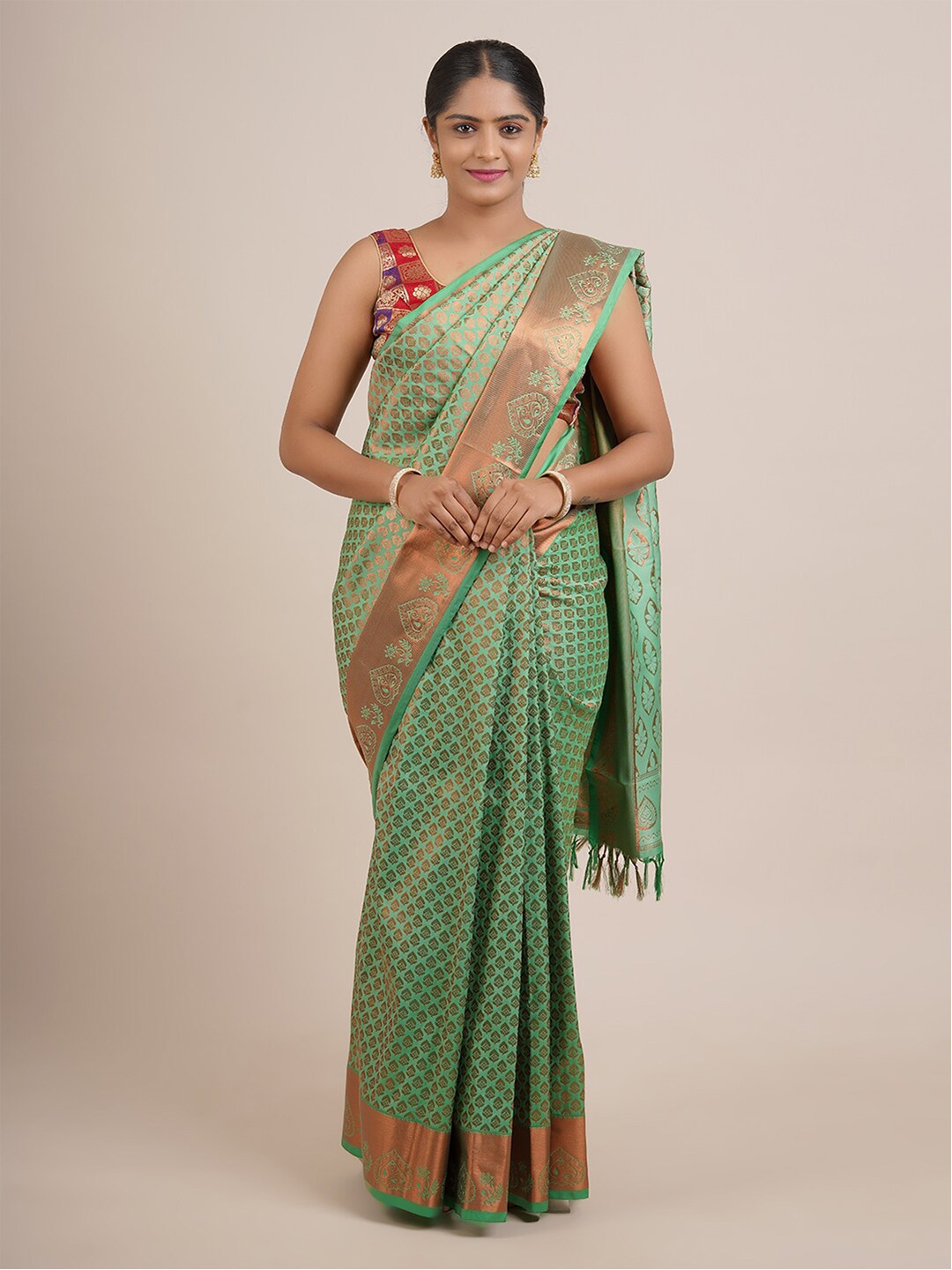 

Pothys Green & Gold-Toned Woven Design Zari Art Silk Saree