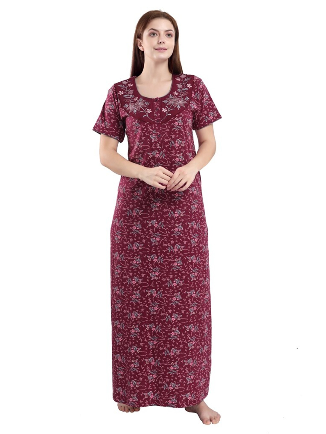 

9shines Label Maroon Printed Maternity Cotton Maxi Nightdress