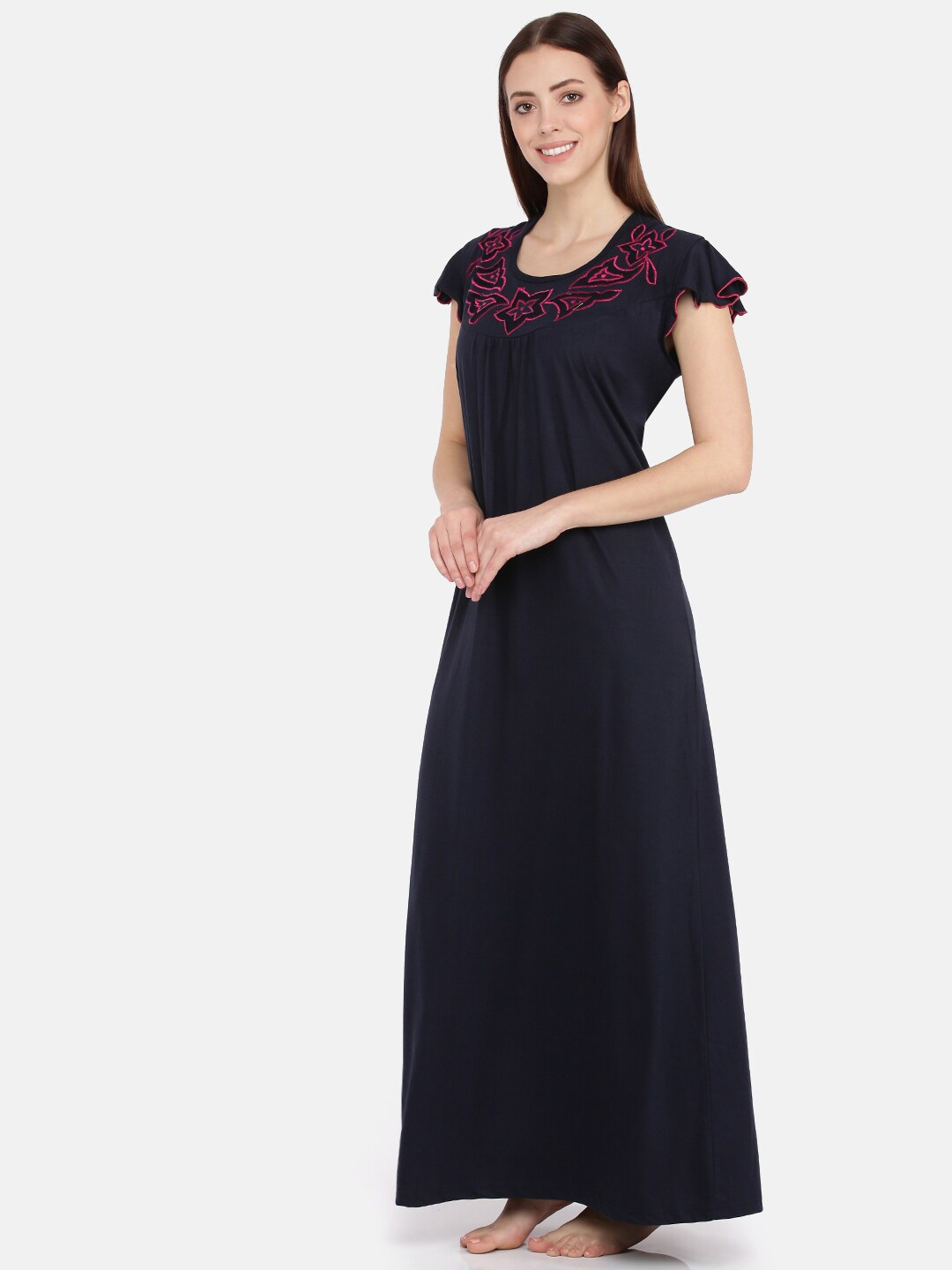 

9shines Label Women Navy Blue & Pink Solid Pure Cotton Nightdress