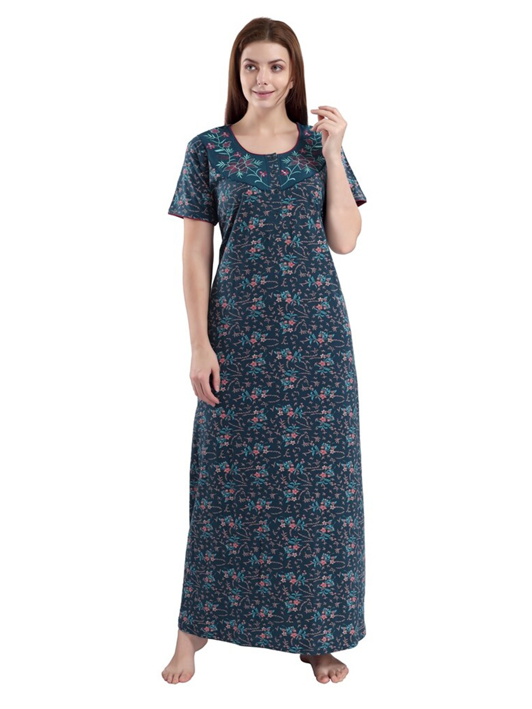 

9shines Label Women Green & Pink Floral Printed Pure Cotton Nightdress