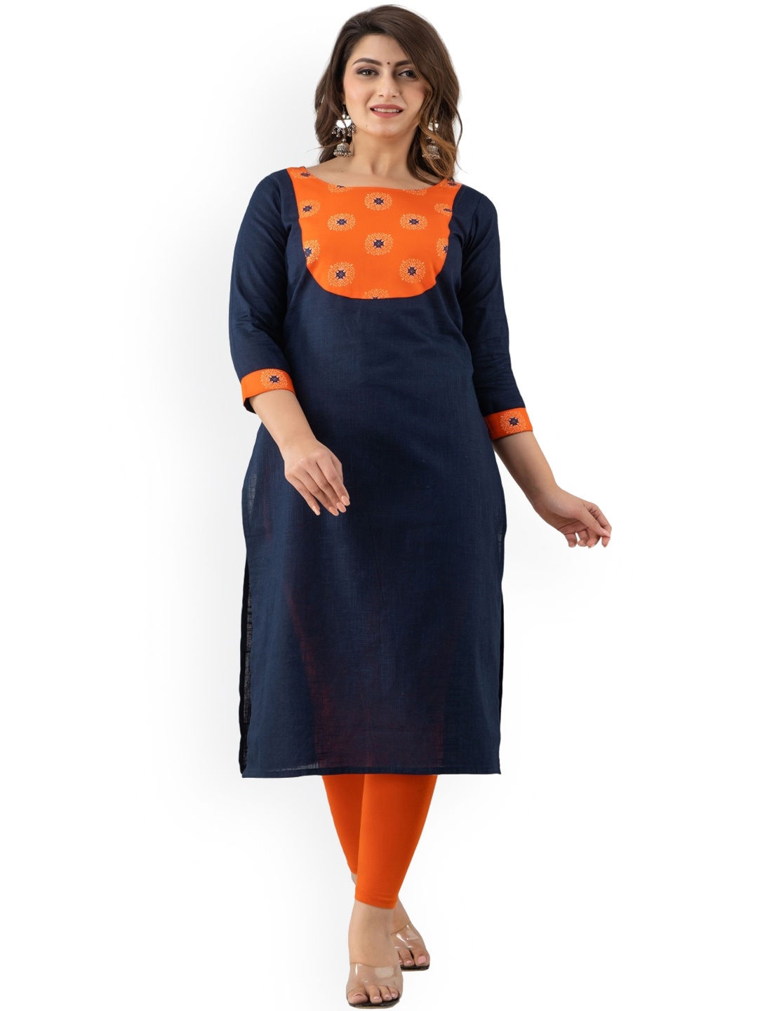 

Maishi Women Navy Blue & Orange Printed Cotton Kurta