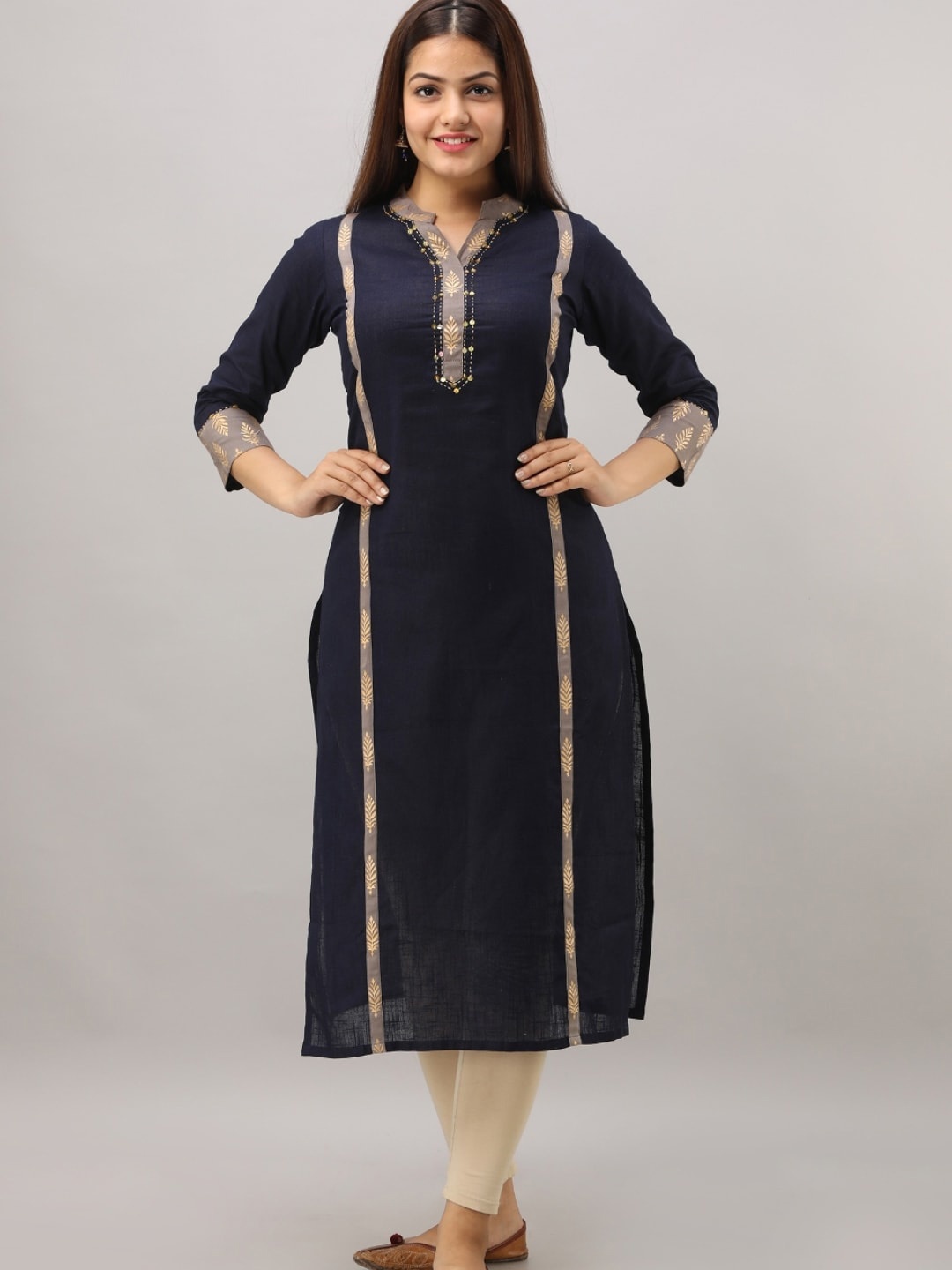 Maishi Women Navy Blue Yoke Design Straight Kurta